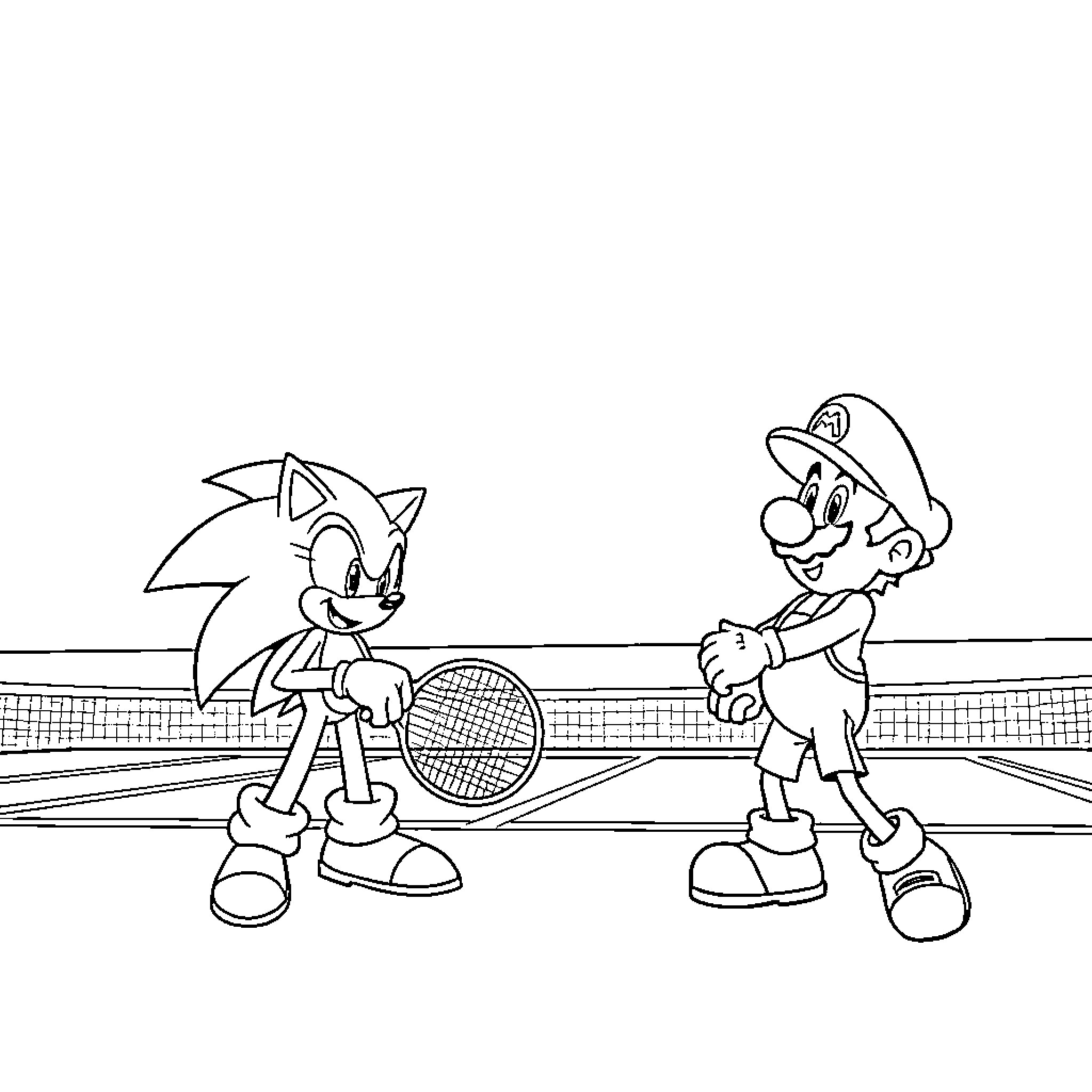 Sonic and Mario playing tennis on the court Coloring Page (free black-and-white line drawing printable PDF for all, from beginners to advanced learners, including children, teens, adults, and seniors)
