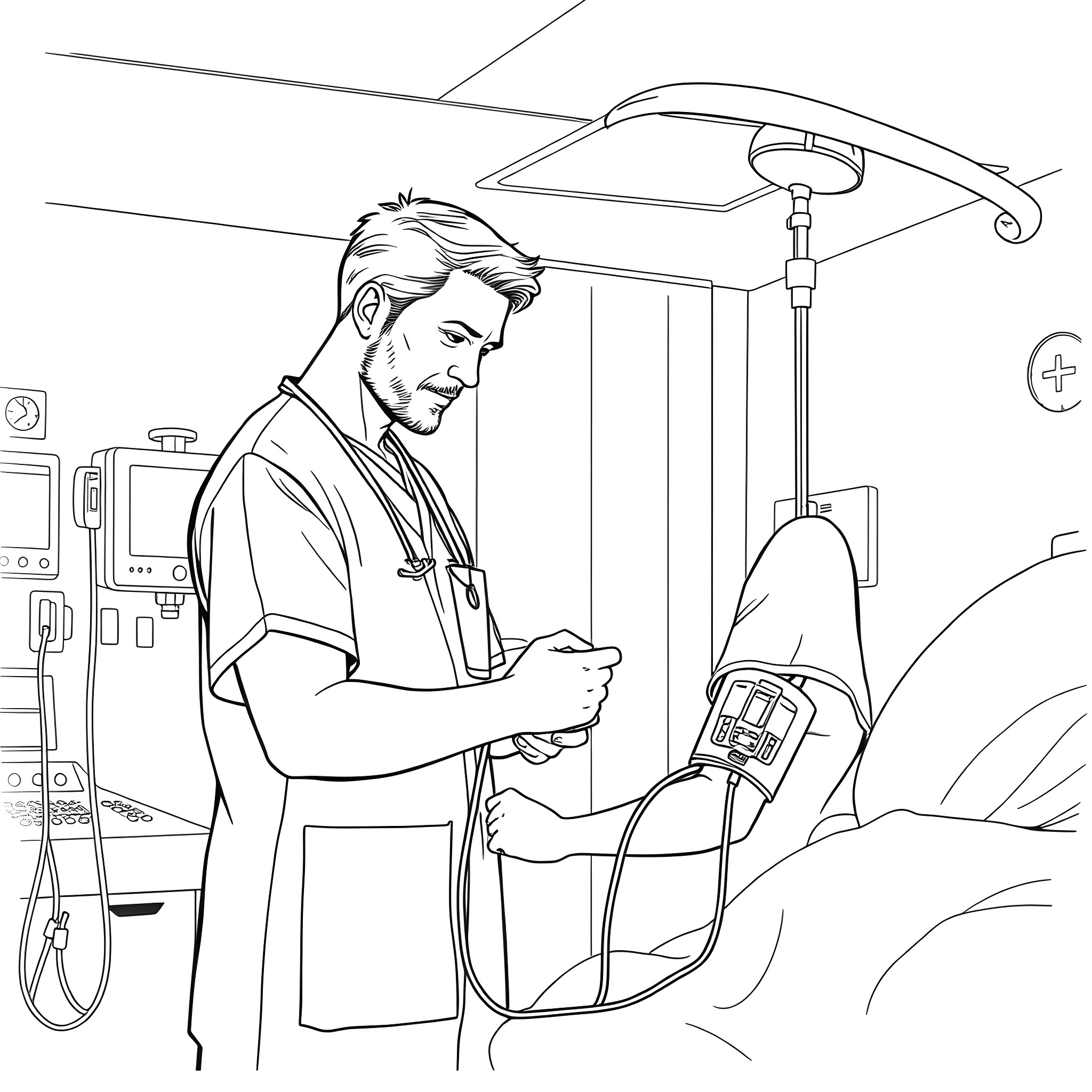 Nurse assisting patient with medical equipment Coloring Page (free black-and-white line drawing printable PDF for all, from beginners to advanced learners, including children, teens, adults, and seniors)