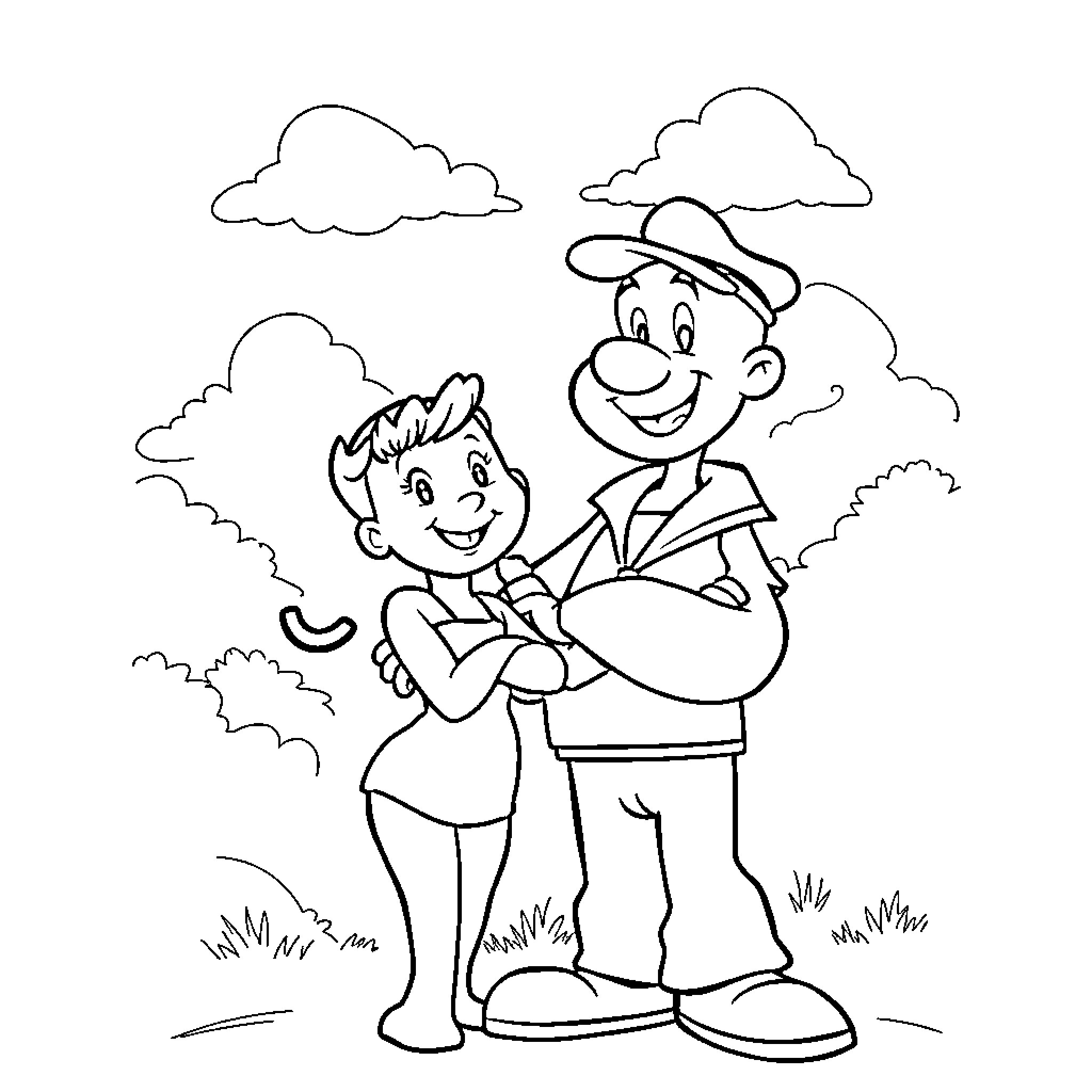 Popeye and Olive Oyl enjoying the outdoors Coloring Page (free black-and-white line drawing printable PDF for all, from beginners to advanced learners, including children, teens, adults, and seniors)