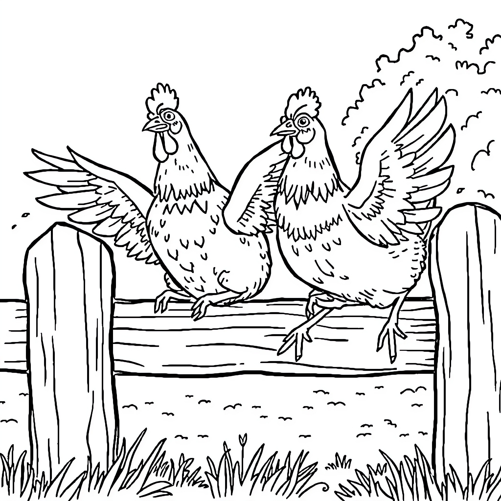 Chicken perched on a fence in a farm setting Coloring Page (free black-and-white line drawing printable PDF for all, from beginners to advanced learners, including children, teens, adults, and seniors)