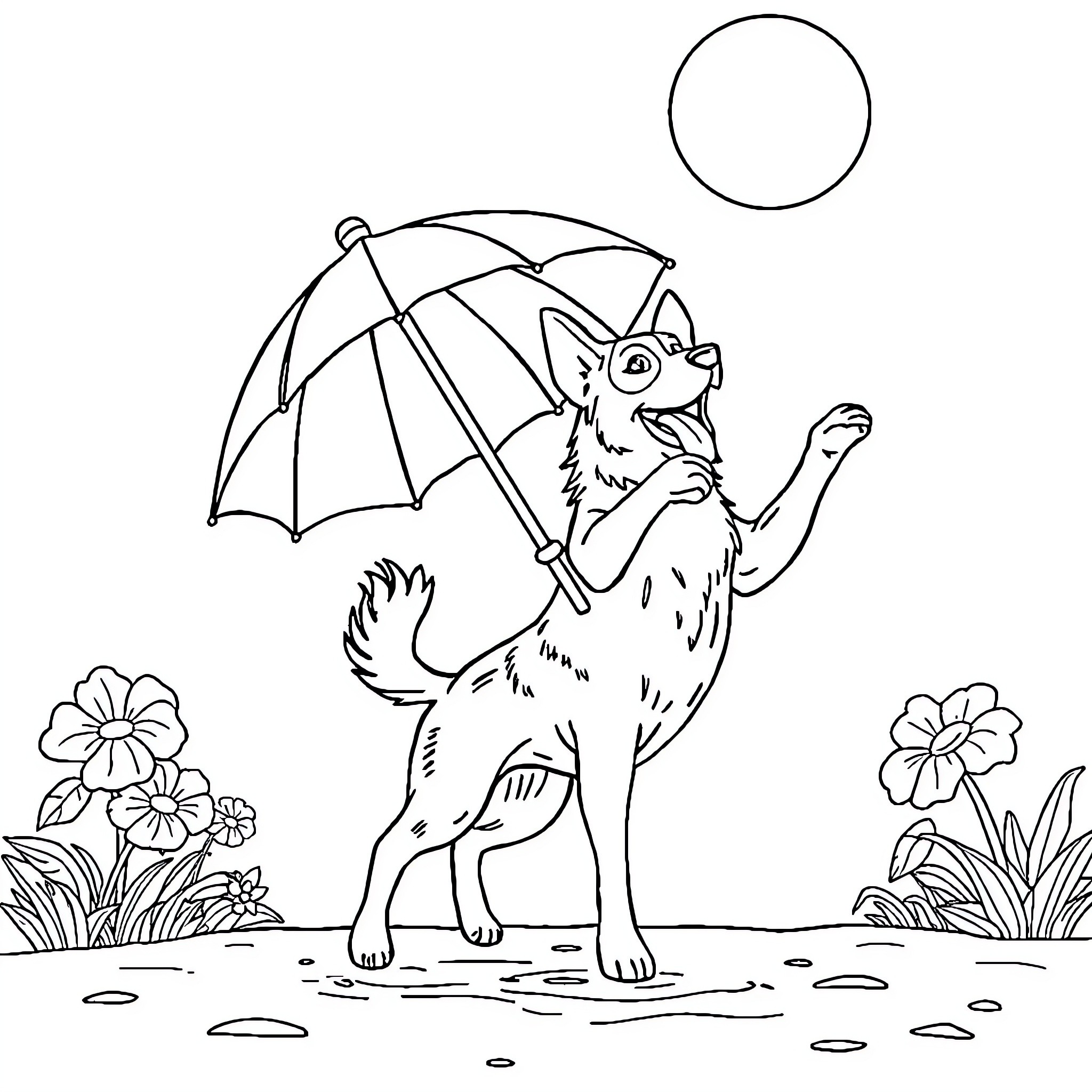 Perro holding umbrella in flower garden Coloring Page (free black-and-white line drawing printable PDF for all, from beginners to advanced learners, including children, teens, adults, and seniors)