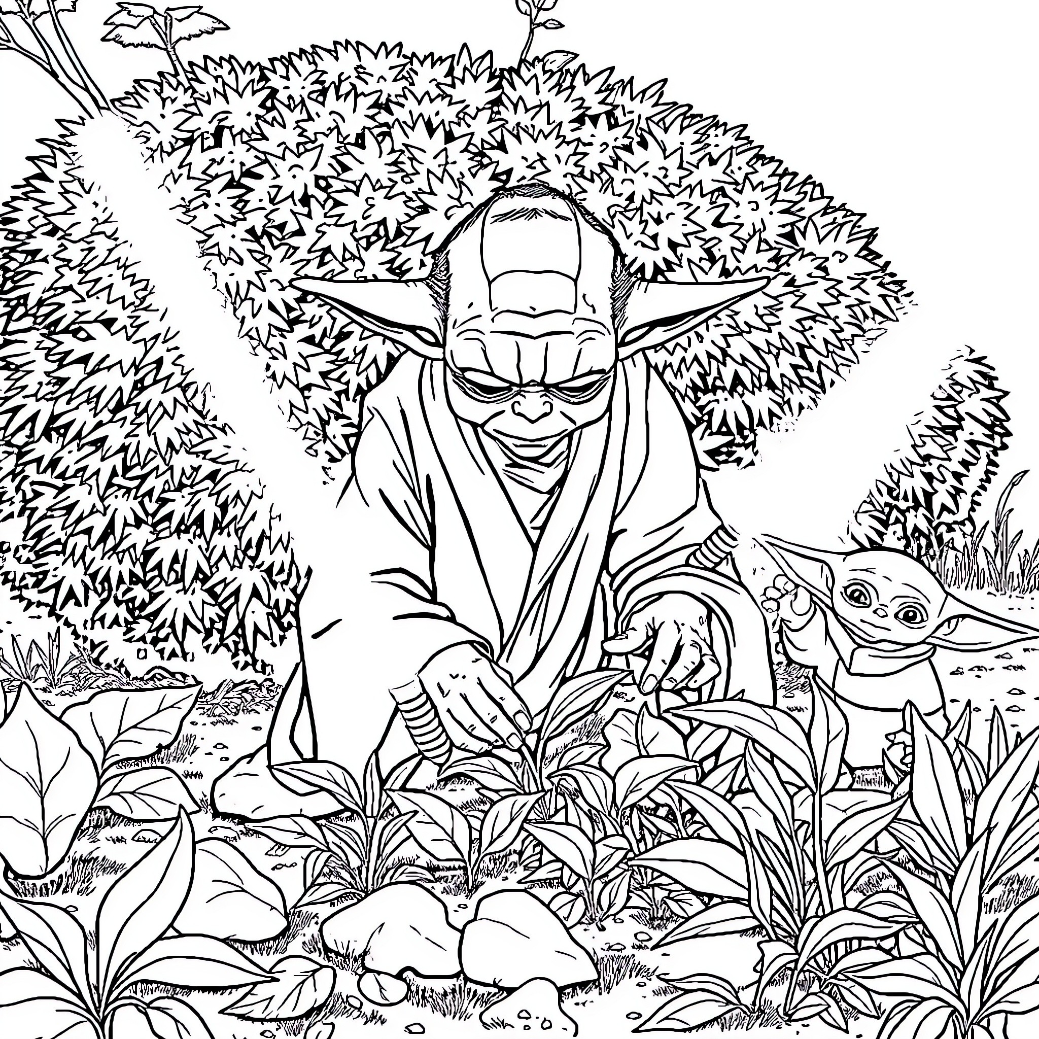 Yoda meditating in the serene forest Coloring Page (free black-and-white line drawing printable PDF for all, from beginners to advanced learners, including children, teens, adults, and seniors)