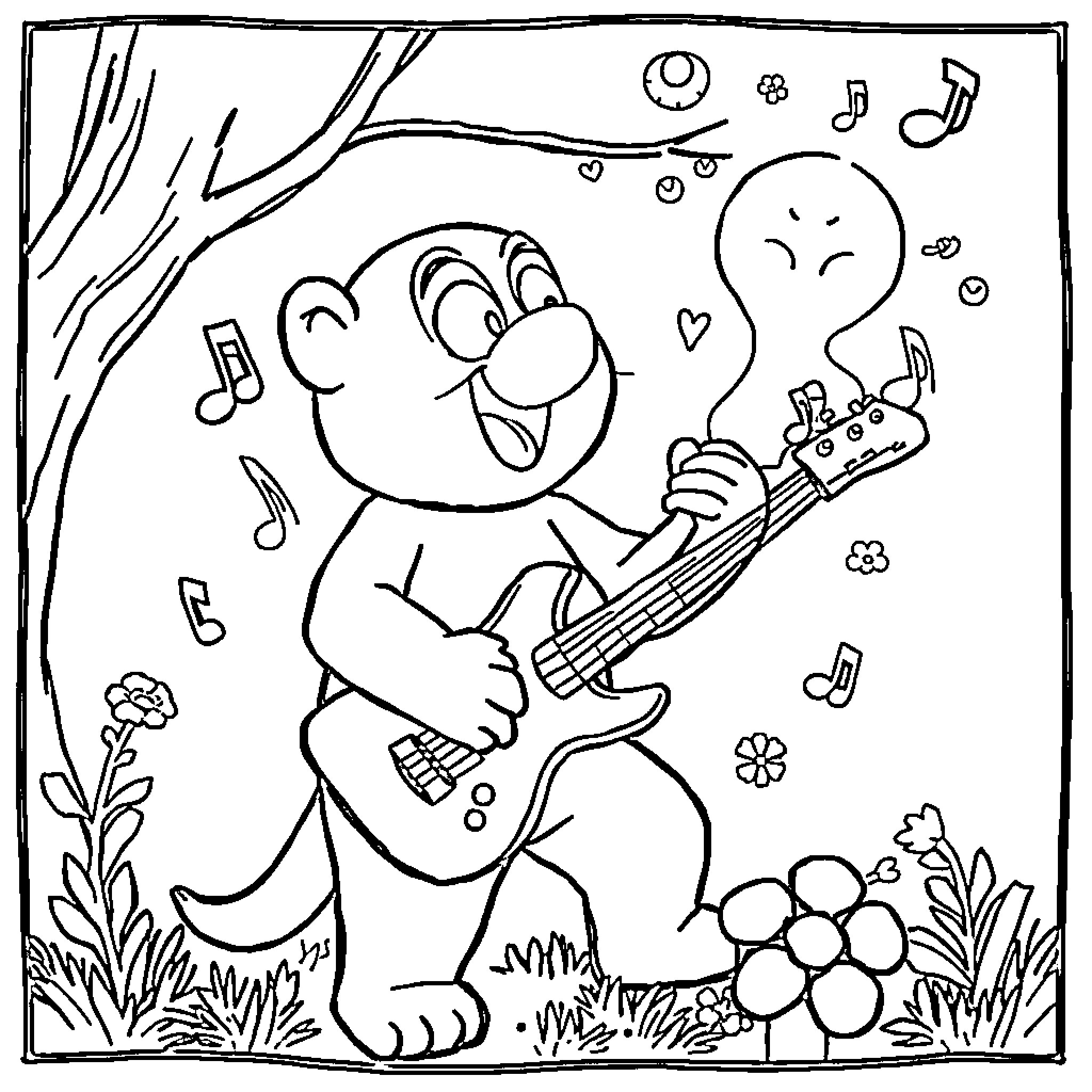 Gonger plays happily with ghost and music notes Coloring Page (free black-and-white line drawing printable PDF for all, from beginners to advanced learners, including children, teens, adults, and seniors)