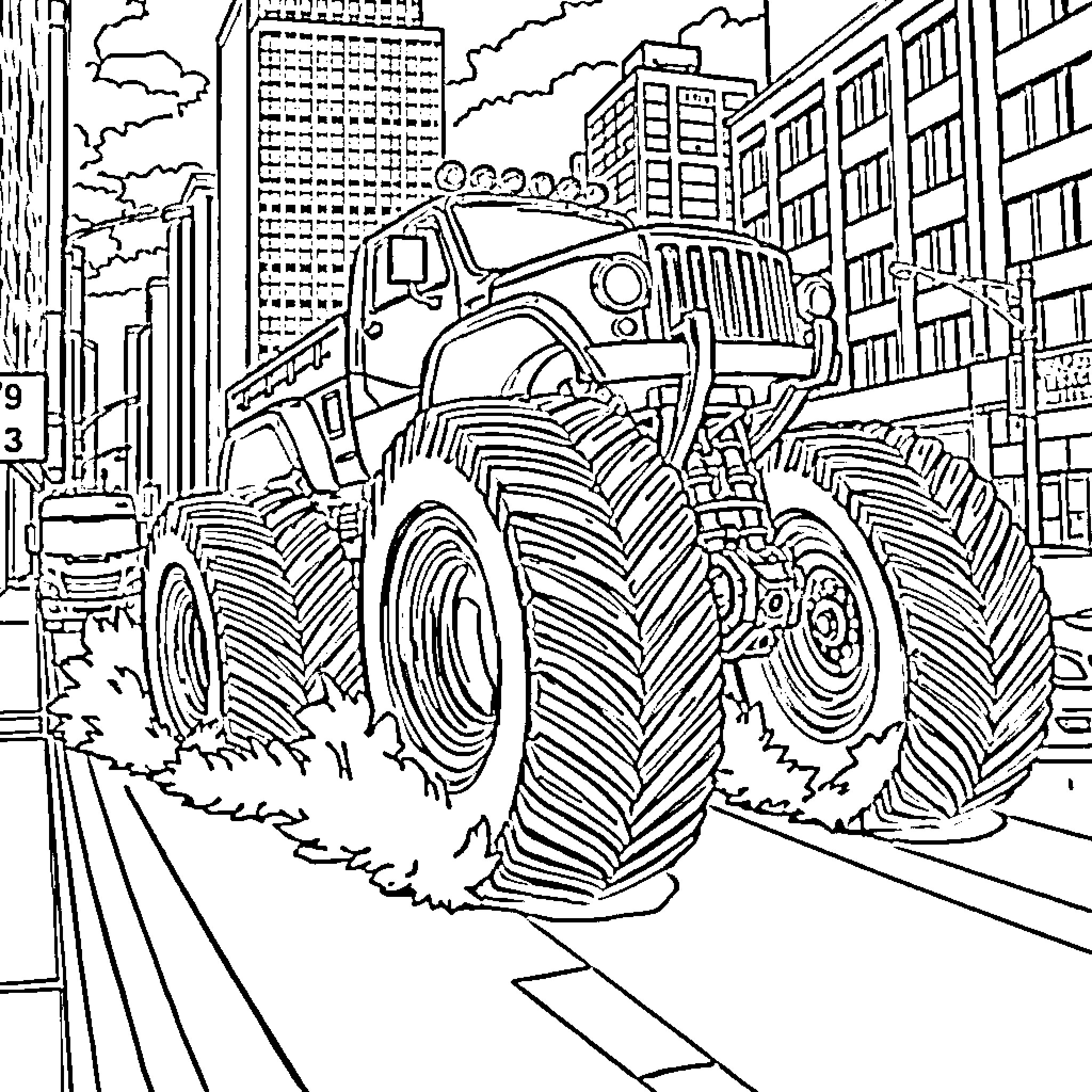 Monster Truck crushing through the city streets Coloring Page (free black-and-white line drawing printable PDF for all, from beginners to advanced learners, including children, teens, adults, and seniors)