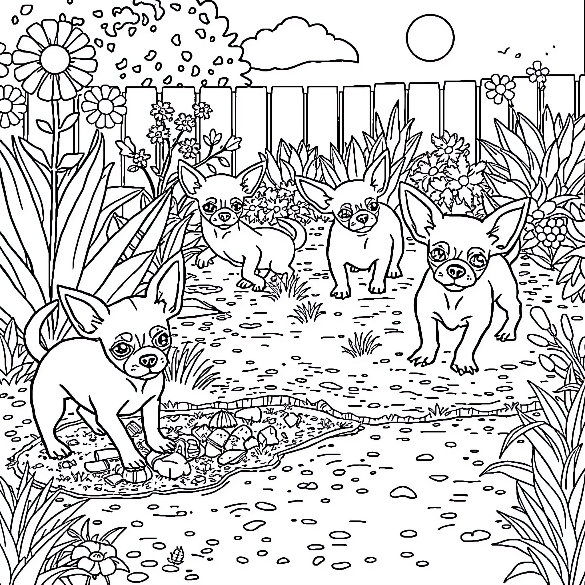 Chihuahuas playing joyfully in a lush, garden landscape Coloring Page (free black-and-white line drawing printable PDF for all, from beginners to advanced learners, including children, teens, adults, and seniors)