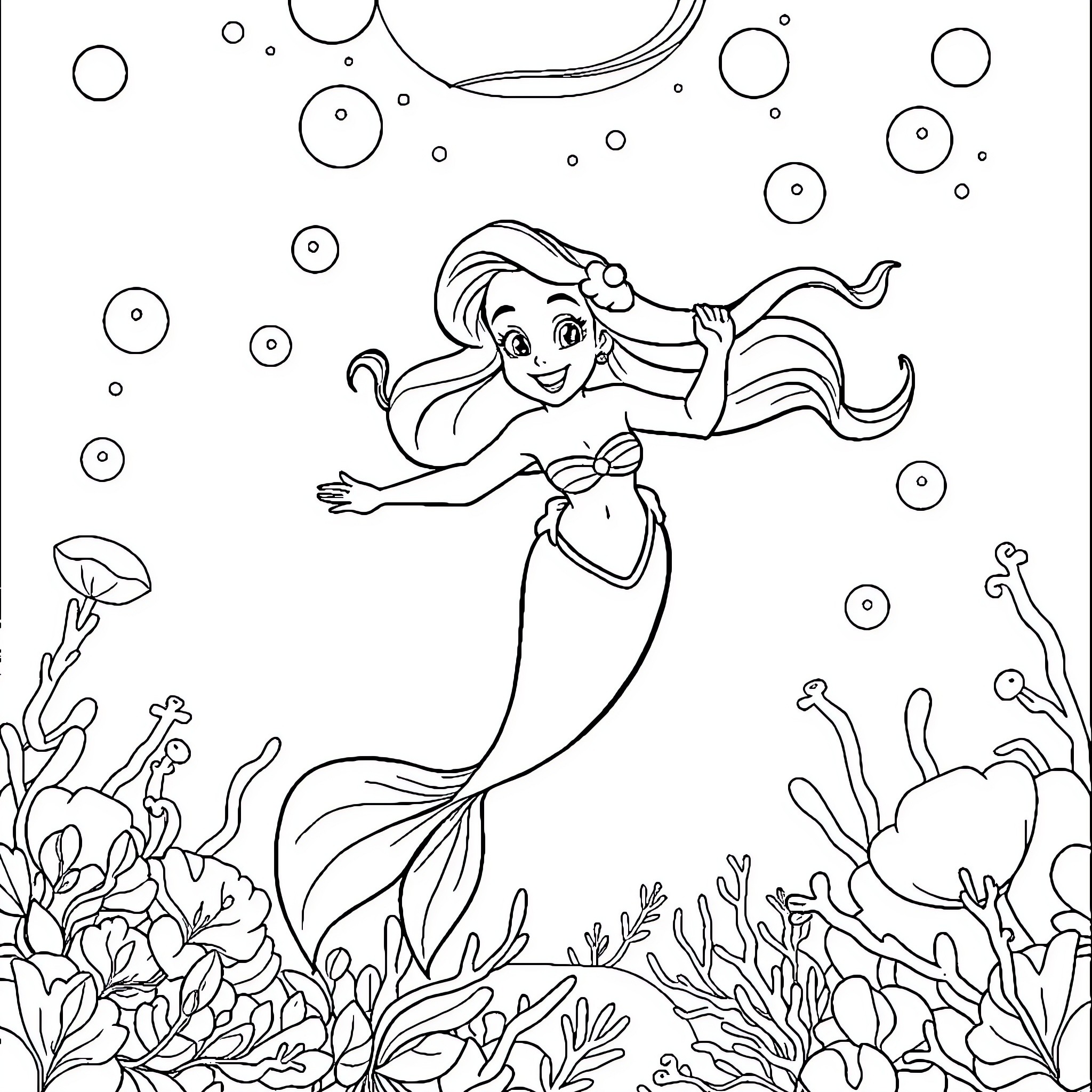 Ariel swimming gracefully underwater with marine life Coloring Page (free black-and-white line drawing printable PDF for all, from beginners to advanced learners, including children, teens, adults, and seniors)