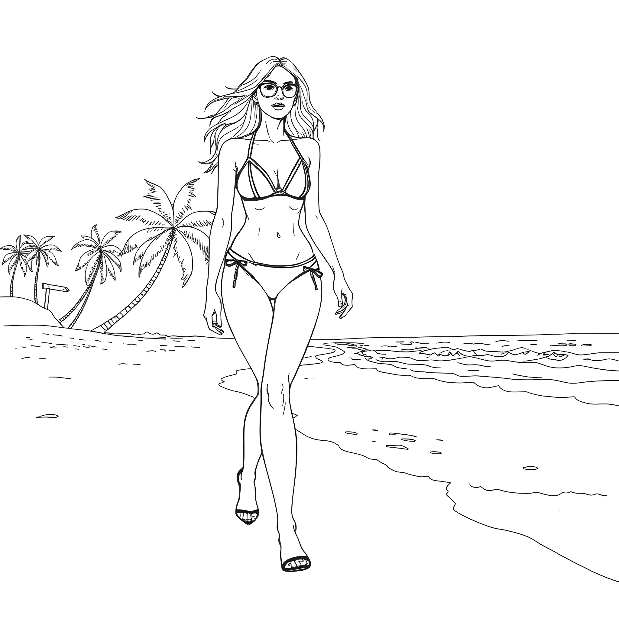 Woman enjoying a sunny day at the beach Coloring Page (free black-and-white line drawing printable PDF for all, from beginners to advanced learners, including children, teens, adults, and seniors)