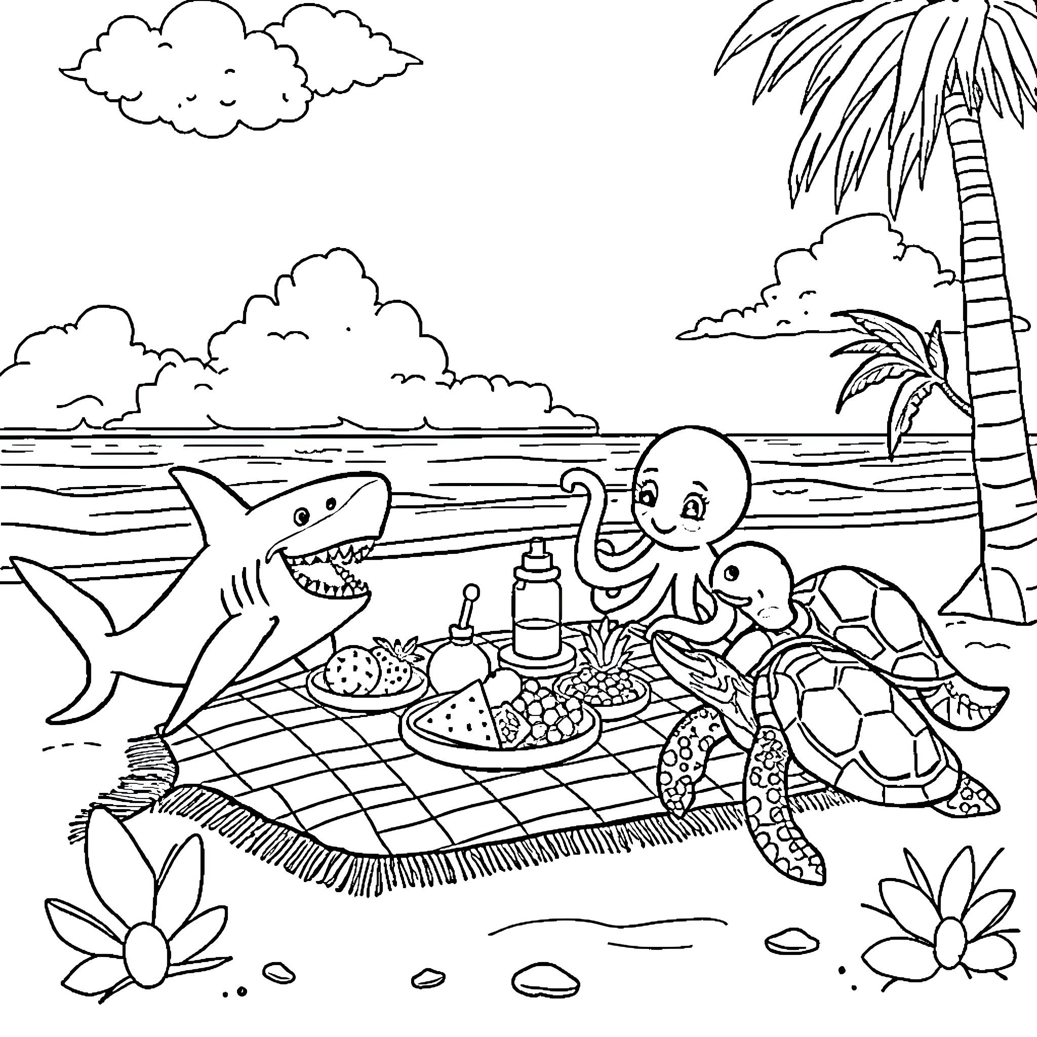Sea Creature Beach Picnic Scene Coloring Page (free black-and-white line drawing printable PDF for all, from beginners to advanced learners, including children, teens, adults, and seniors)