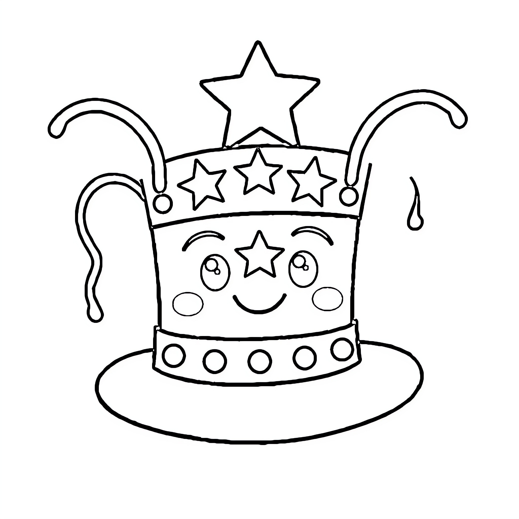 Hat with Smiling Stars and Decorations Coloring Page (free black-and-white line drawing printable PDF for all, from beginners to advanced learners, including children, teens, adults, and seniors)