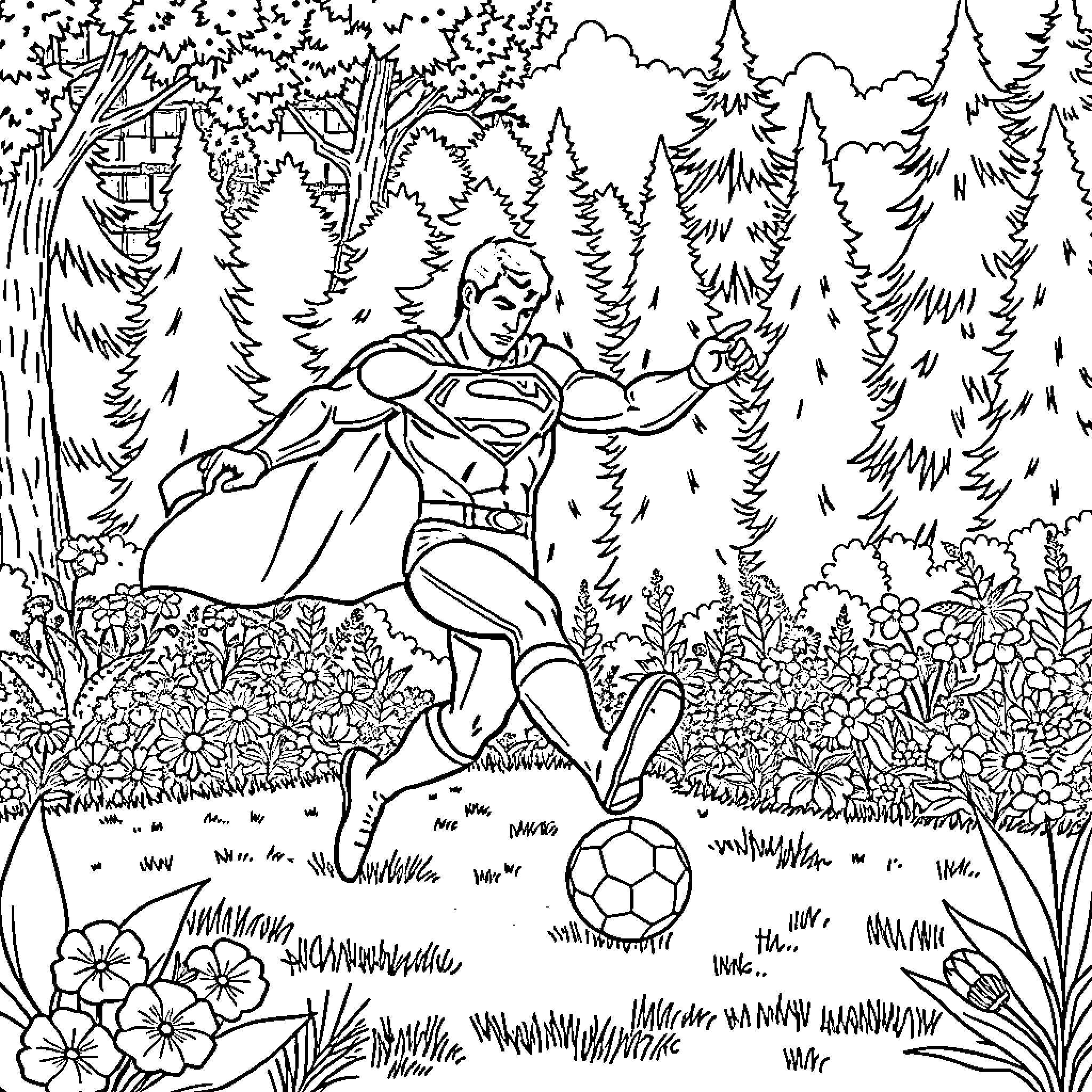Superman playing football in the forest Coloring Page (free black-and-white line drawing printable PDF for all, from beginners to advanced learners, including children, teens, adults, and seniors)