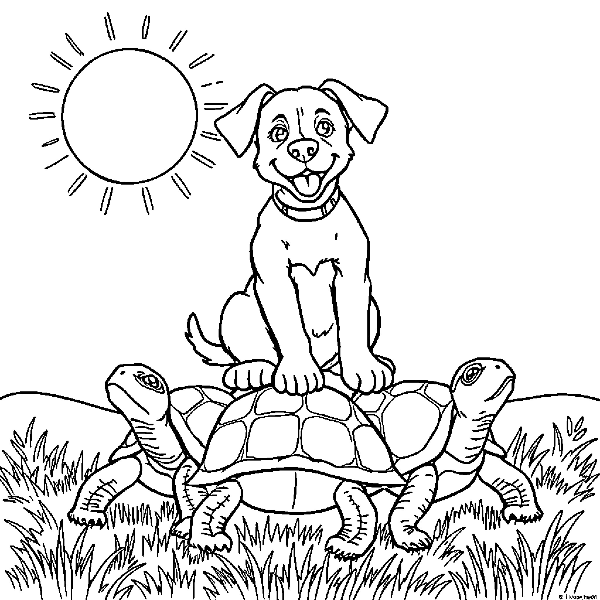 Dog sitting happily on a turtle in the sun Coloring Page (free black-and-white line drawing printable PDF for all, from beginners to advanced learners, including children, teens, adults, and seniors)