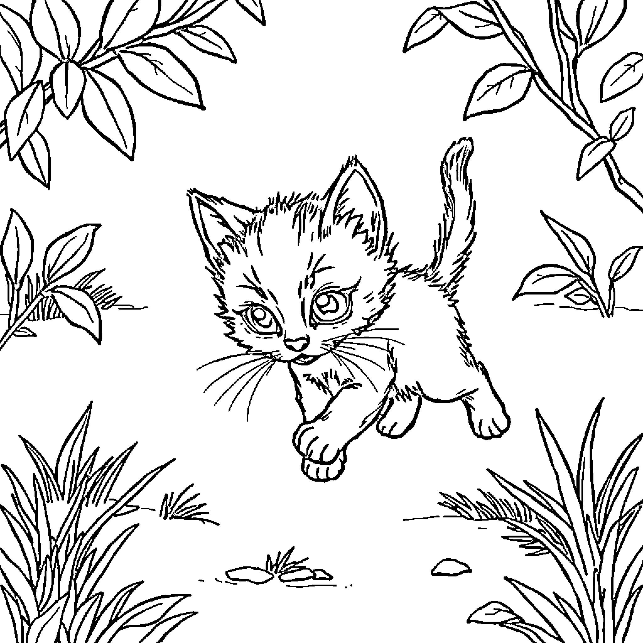Kitten exploring lush foliage Coloring Page (free black-and-white line drawing printable PDF for all, from beginners to advanced learners, including children, teens, adults, and seniors)