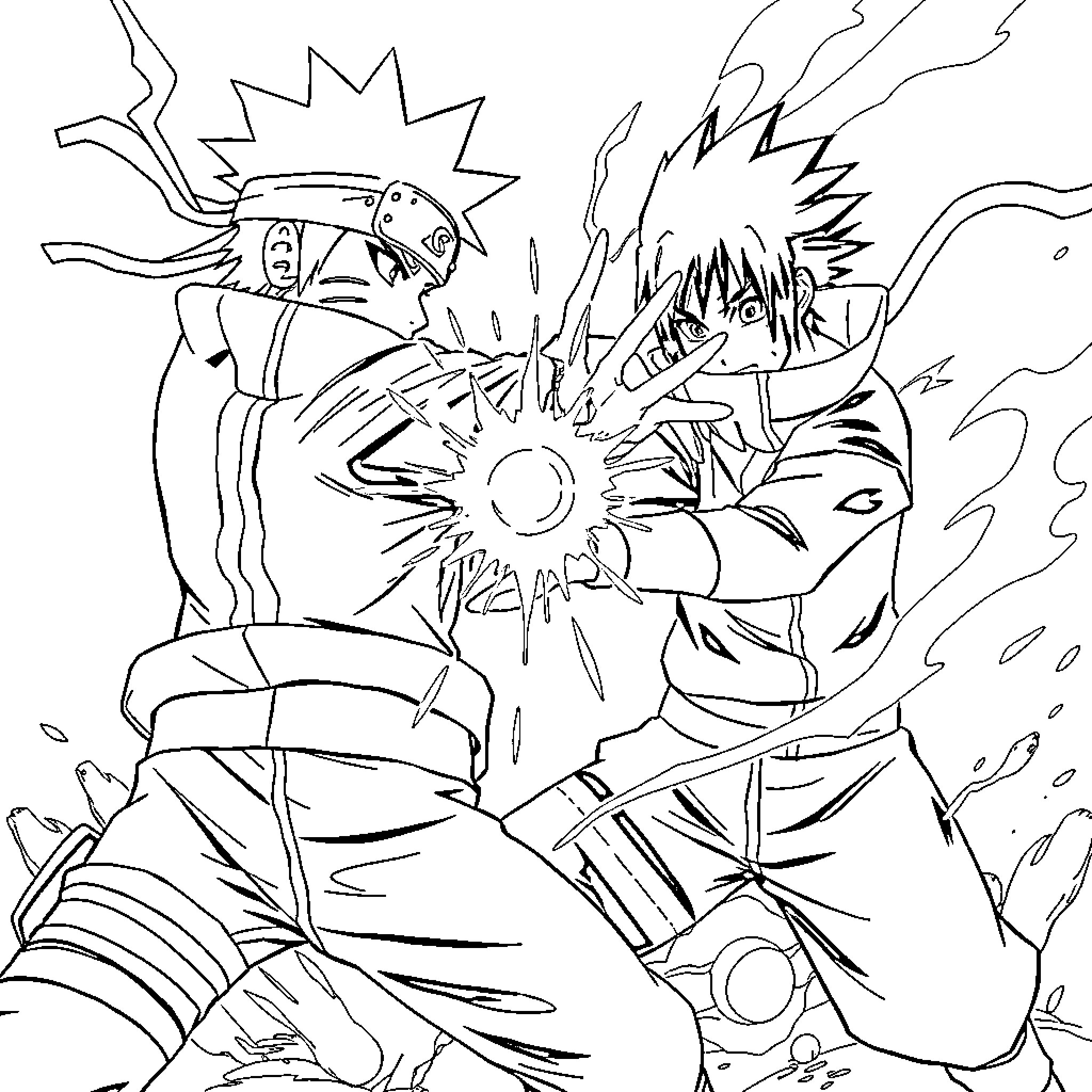 Naruto characters in intense battle scene Coloring Page (free black-and-white line drawing printable PDF for all, from beginners to advanced learners, including children, teens, adults, and seniors)