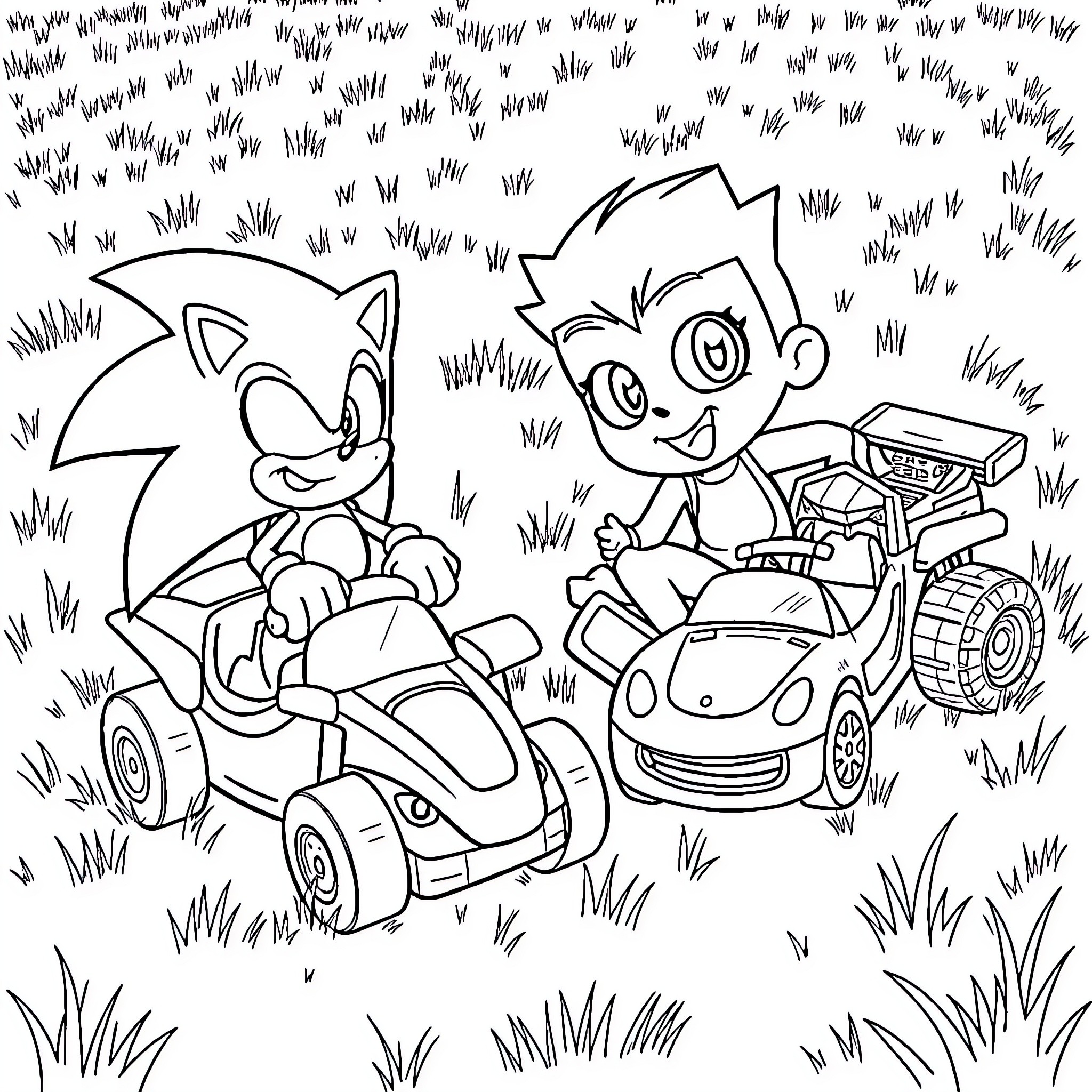 Ben 10 and Sonic racing adventure in the field Coloring Page (free black-and-white line drawing printable PDF for all, from beginners to advanced learners, including children, teens, adults, and seniors)