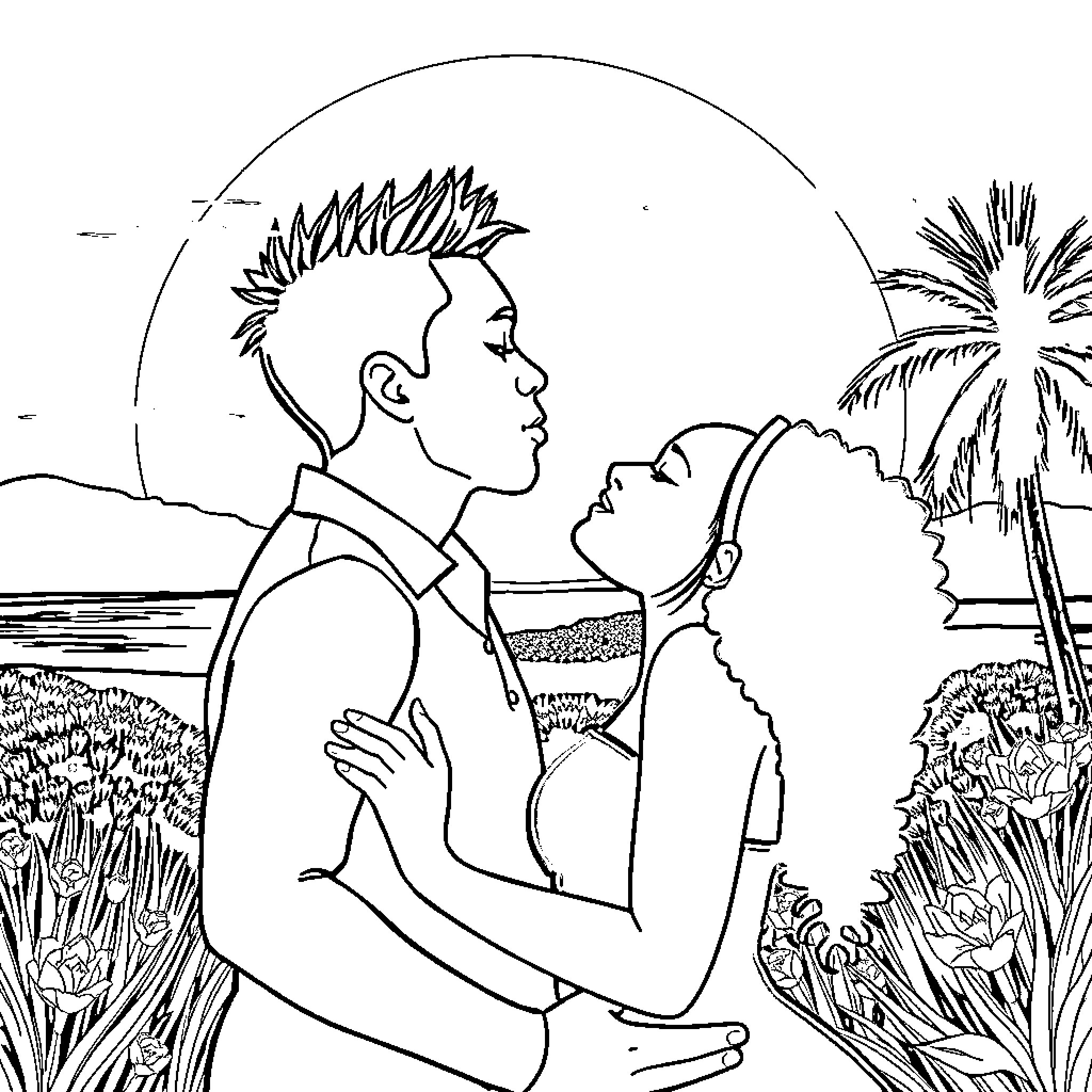 Kiss in tropical paradise Coloring Page (free black-and-white line drawing printable PDF for all, from beginners to advanced learners, including children, teens, adults, and seniors)