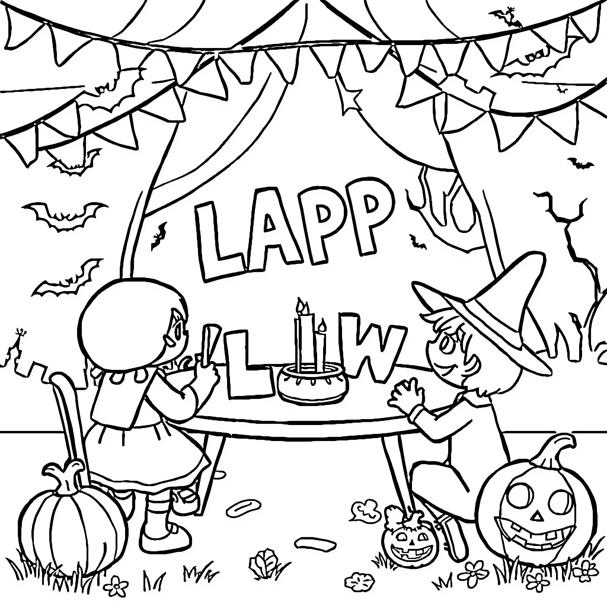 Halloween party with decorations and jack-o'-lanterns Coloring Page (free black-and-white line drawing printable PDF for all, from beginners to advanced learners, including children, teens, adults, and seniors)