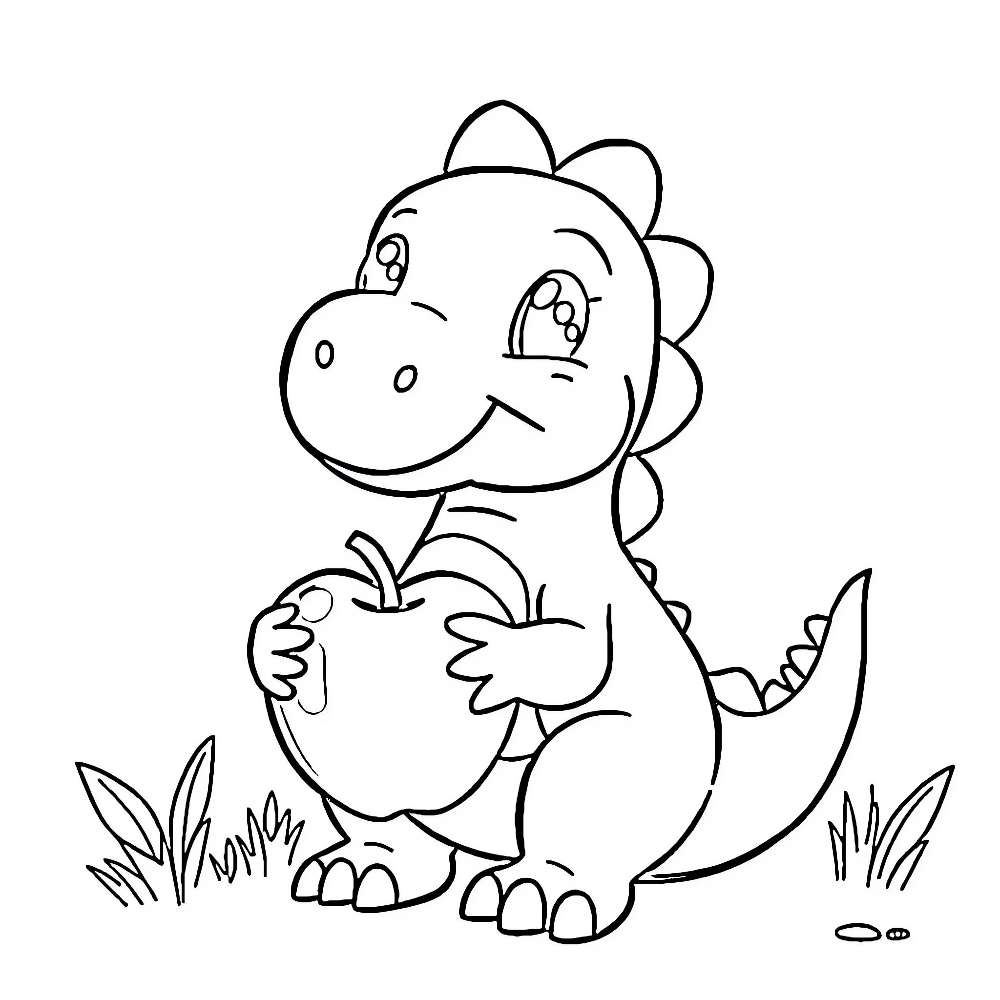 Dinosaur enjoying a juicy apple in the wild Coloring Page (free black-and-white line drawing printable PDF for all, from beginners to advanced learners, including children, teens, adults, and seniors)