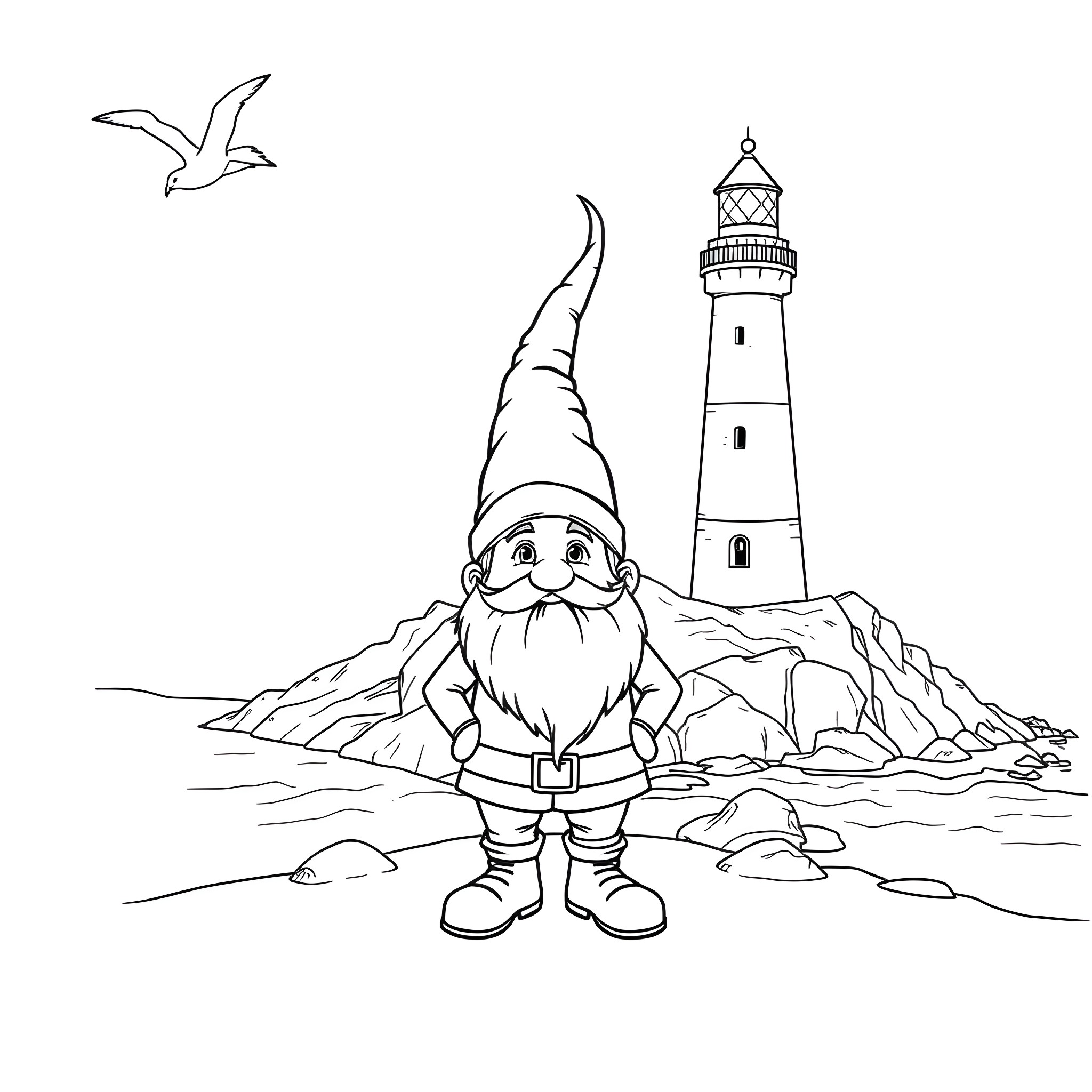 Gnome exploring the lighthouse by the sea Coloring Page (free black-and-white line drawing printable PDF for all, from beginners to advanced learners, including children, teens, adults, and seniors)