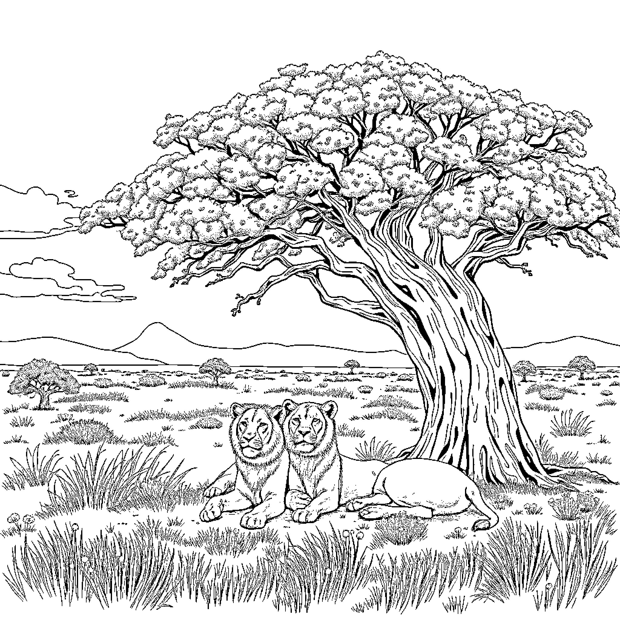 Lion resting peacefully under large tree in savanna Coloring Page (free black-and-white line drawing printable PDF for all, from beginners to advanced learners, including children, teens, adults, and seniors)