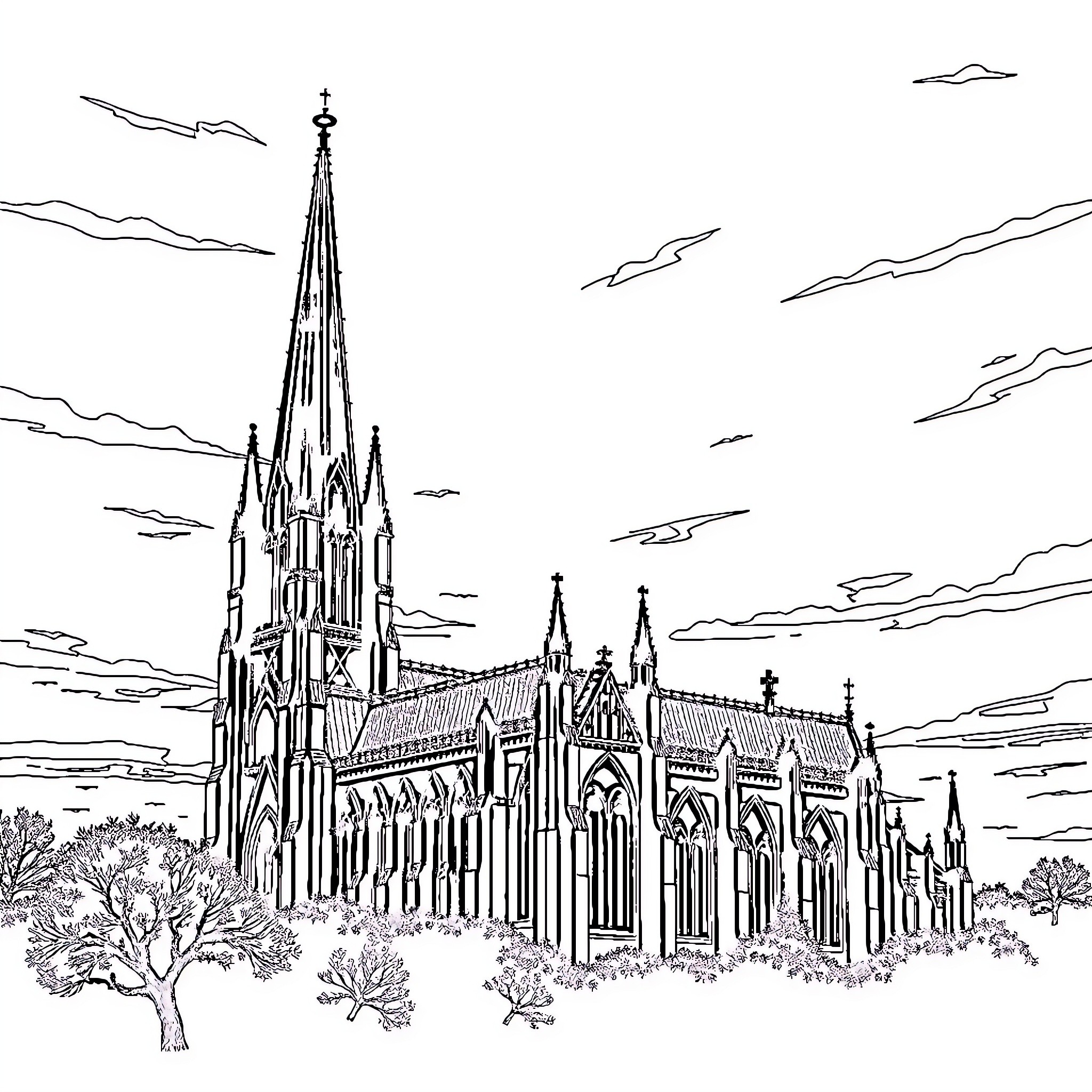 Cathedral towers reaching skyward in tranquil landscape Coloring Page (free black-and-white line drawing printable PDF for all, from beginners to advanced learners, including children, teens, adults, and seniors)