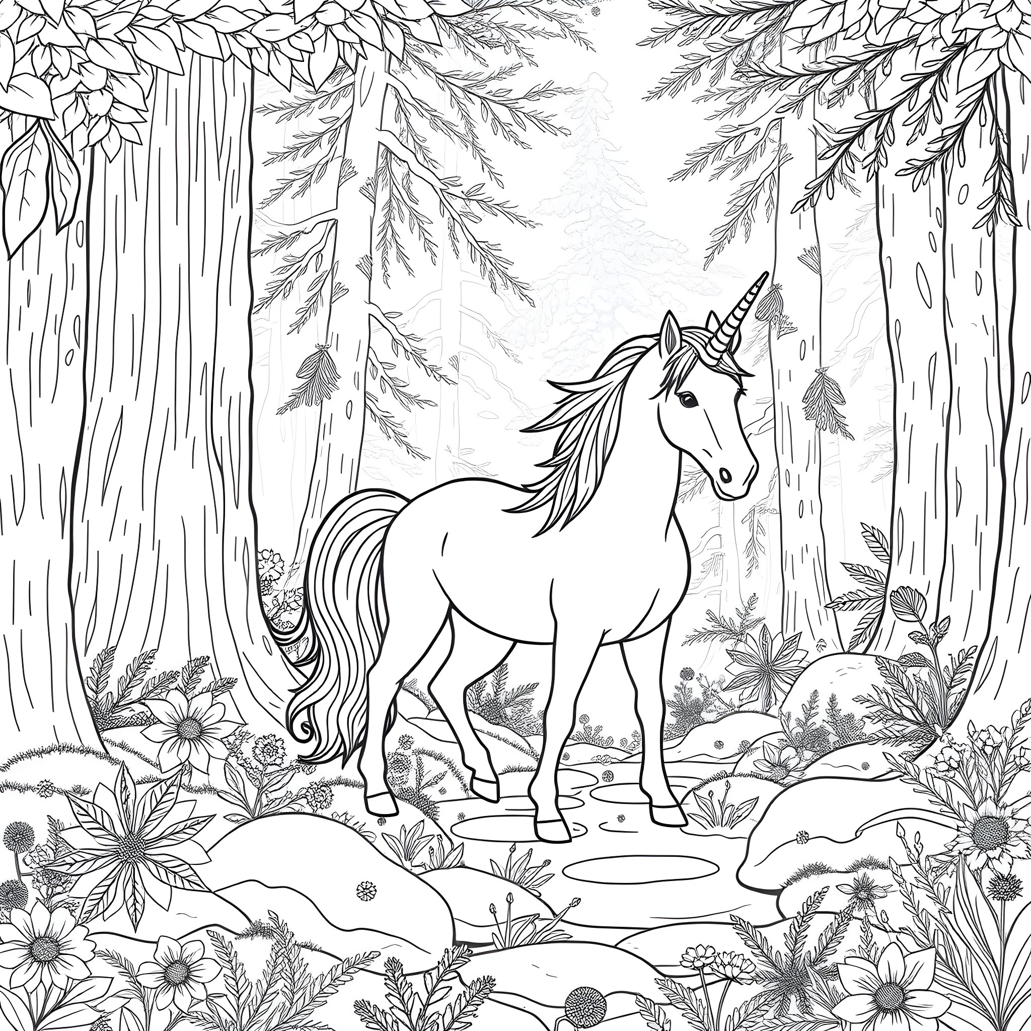 Unicorn in the Enchanted Forest Coloring Page (free black-and-white line drawing printable PDF for all, from beginners to advanced learners, including children, teens, adults, and seniors)