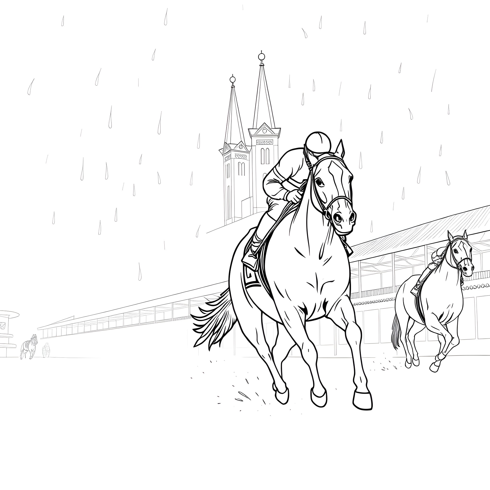 Racehorse jockeys competing on racetrack Coloring Page (free black-and-white line drawing printable PDF for all, from beginners to advanced learners, including children, teens, adults, and seniors)