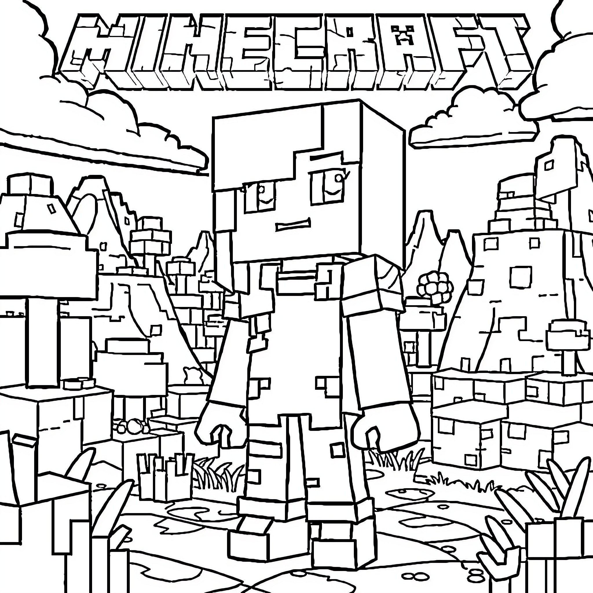 Alex's Adventure in the Minecraft World Coloring Page (free black-and-white line drawing printable PDF for all, from beginners to advanced learners, including children, teens, adults, and seniors)