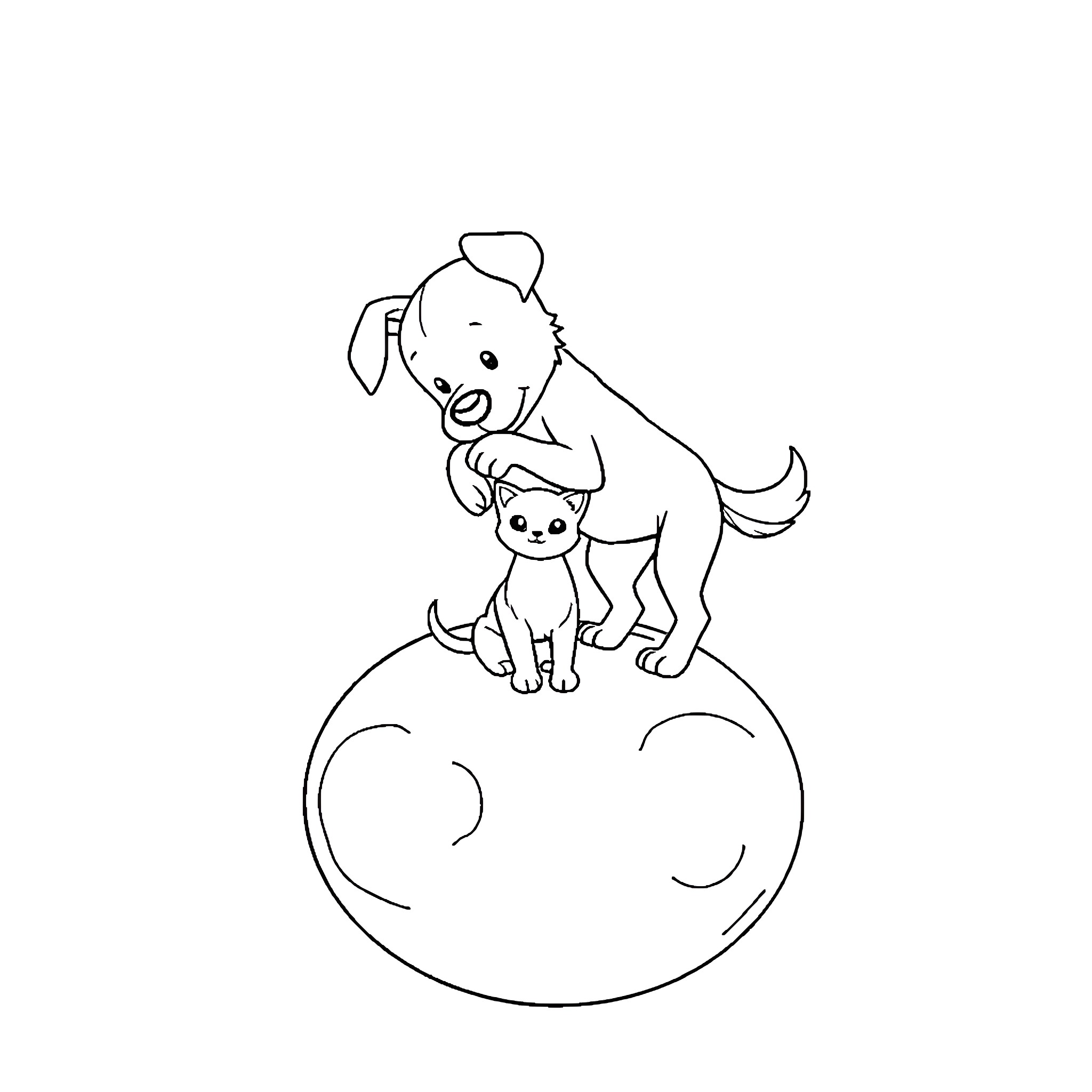 Dog and cat playing on the moon Coloring Page (free black-and-white line drawing printable PDF for all, from beginners to advanced learners, including children, teens, adults, and seniors)