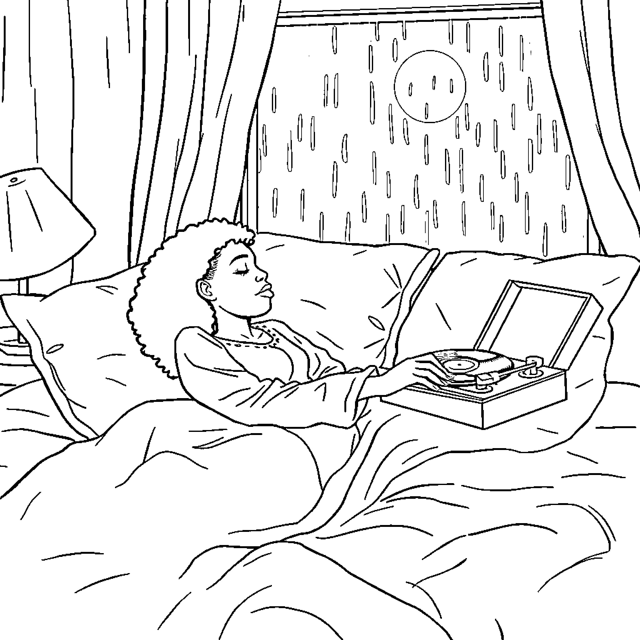 Woman relaxing in bed while enjoying music Coloring Page (free black-and-white line drawing printable PDF for all, from beginners to advanced learners, including children, teens, adults, and seniors)