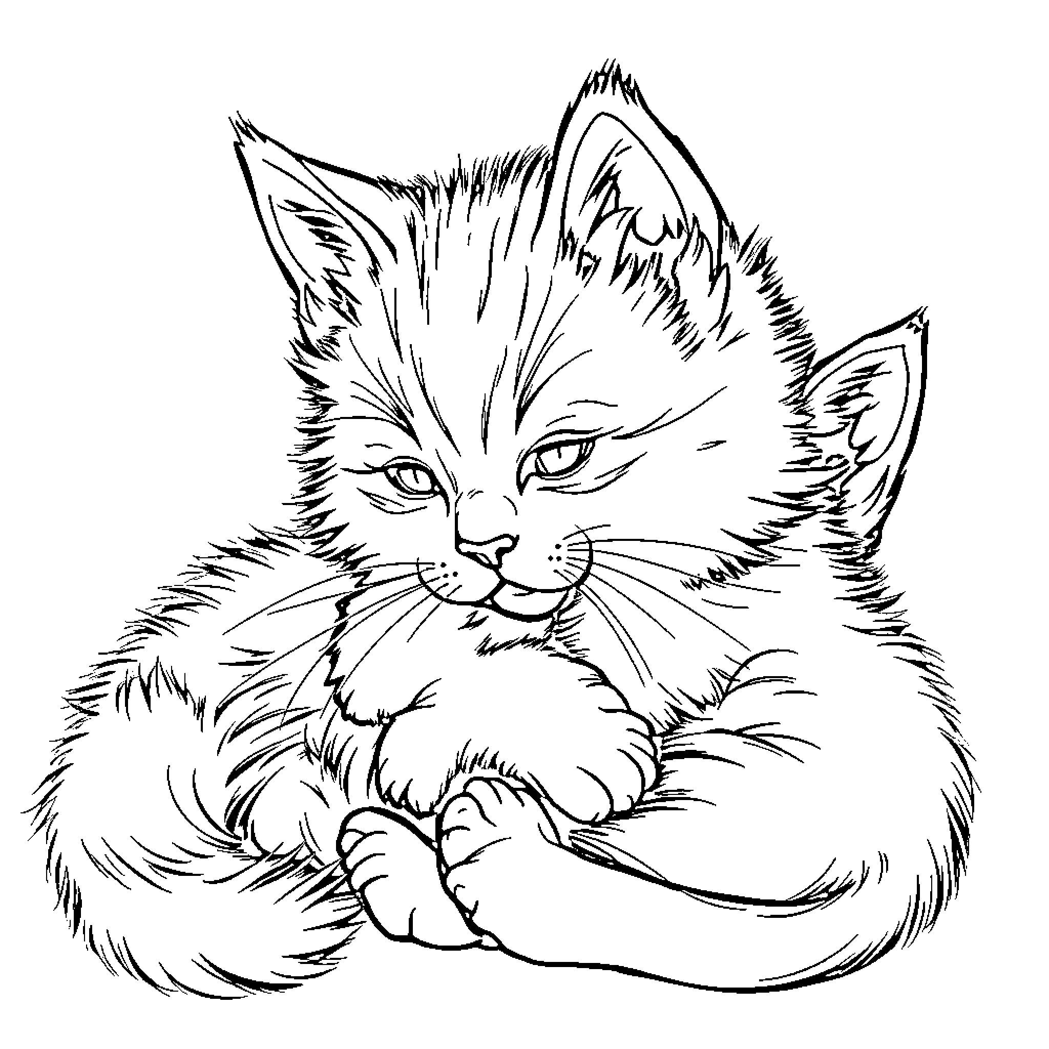 Kitten curled up and content Coloring Page (free black-and-white line drawing printable PDF for all, from beginners to advanced learners, including children, teens, adults, and seniors)