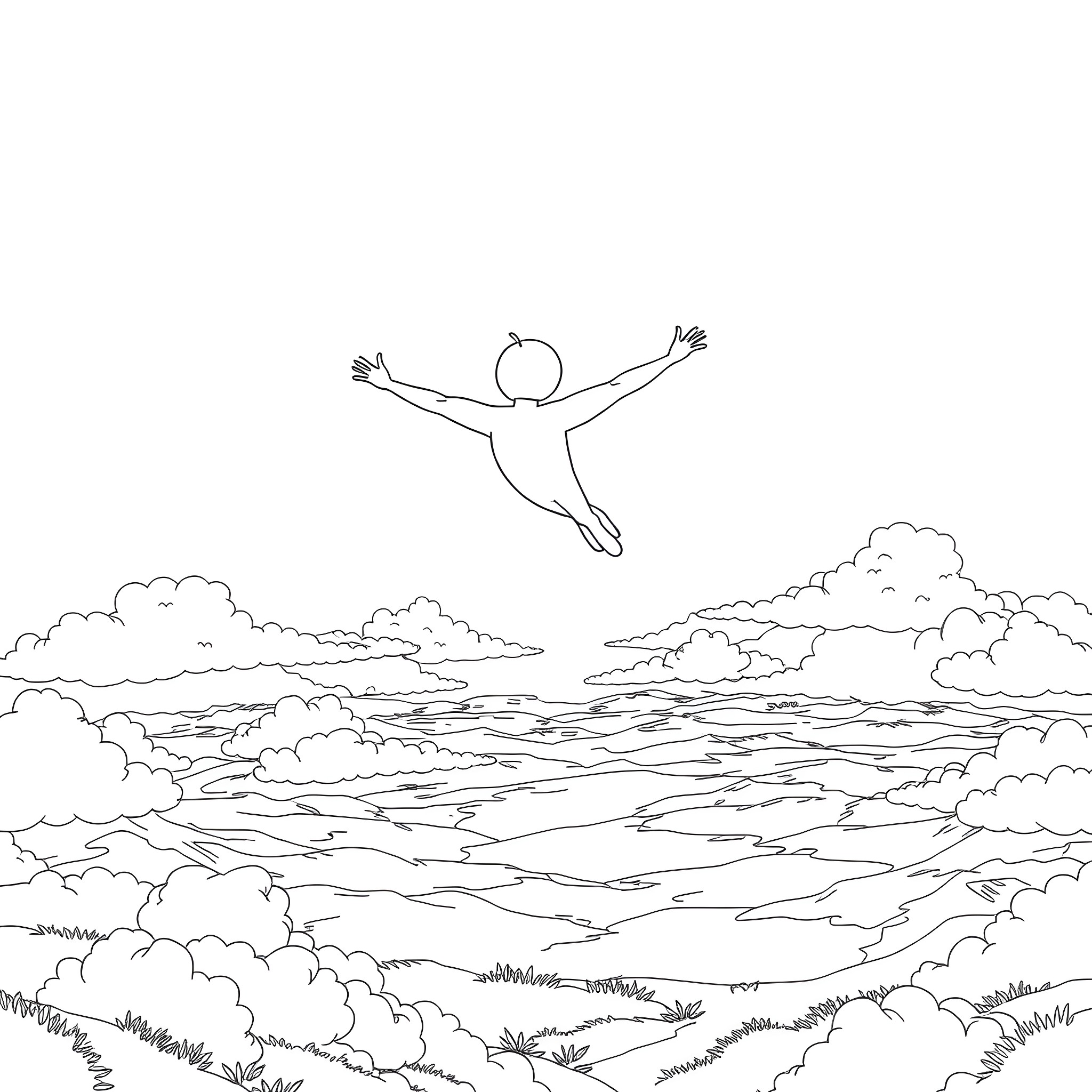 Bluey playing joyfully in the clouds Coloring Page (free black-and-white line drawing printable PDF for all, from beginners to advanced learners, including children, teens, adults, and seniors)