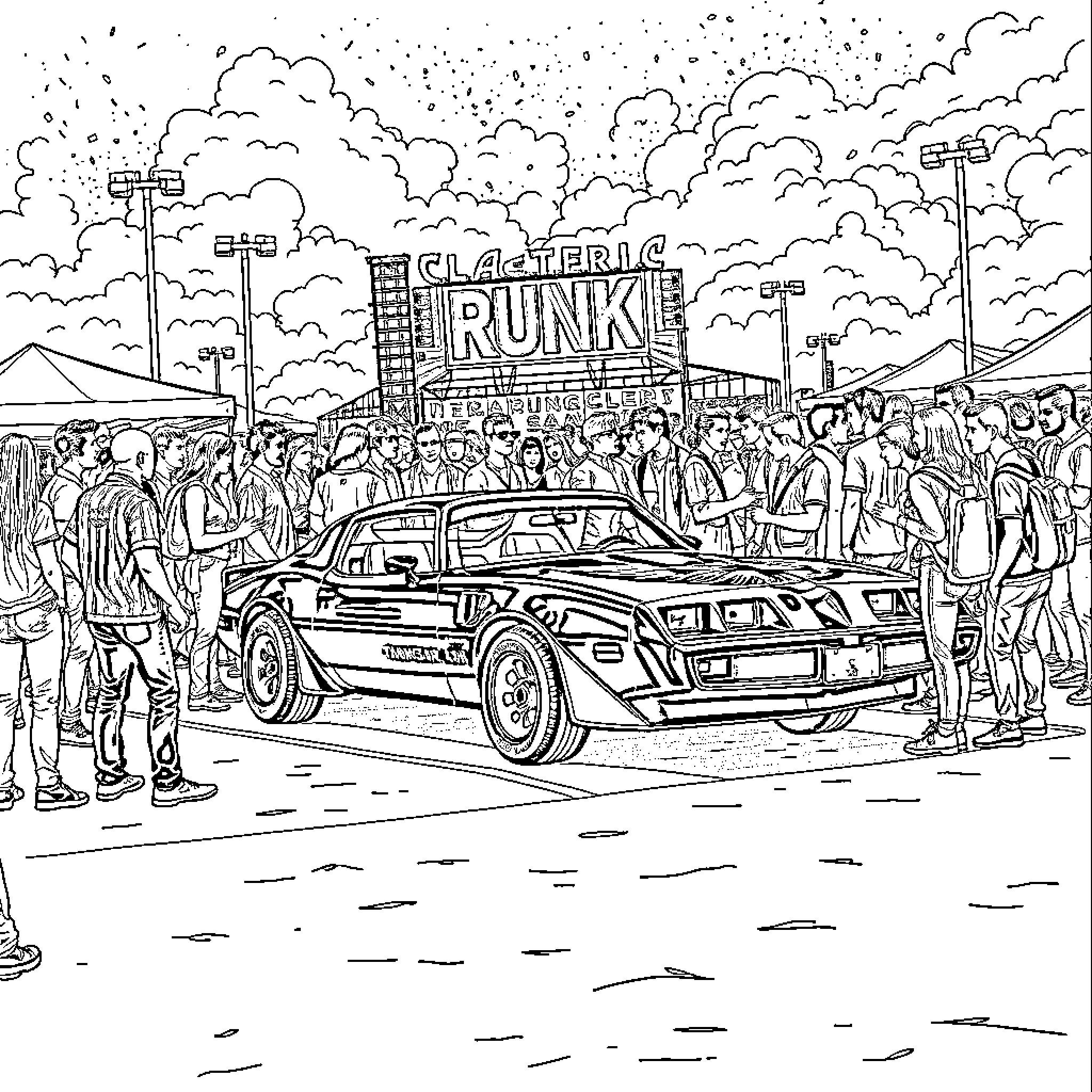 Trans Am Runkie: Crowd Gathers Around Sports Car Coloring Page (free black-and-white line drawing printable PDF for all, from beginners to advanced learners, including children, teens, adults, and seniors)