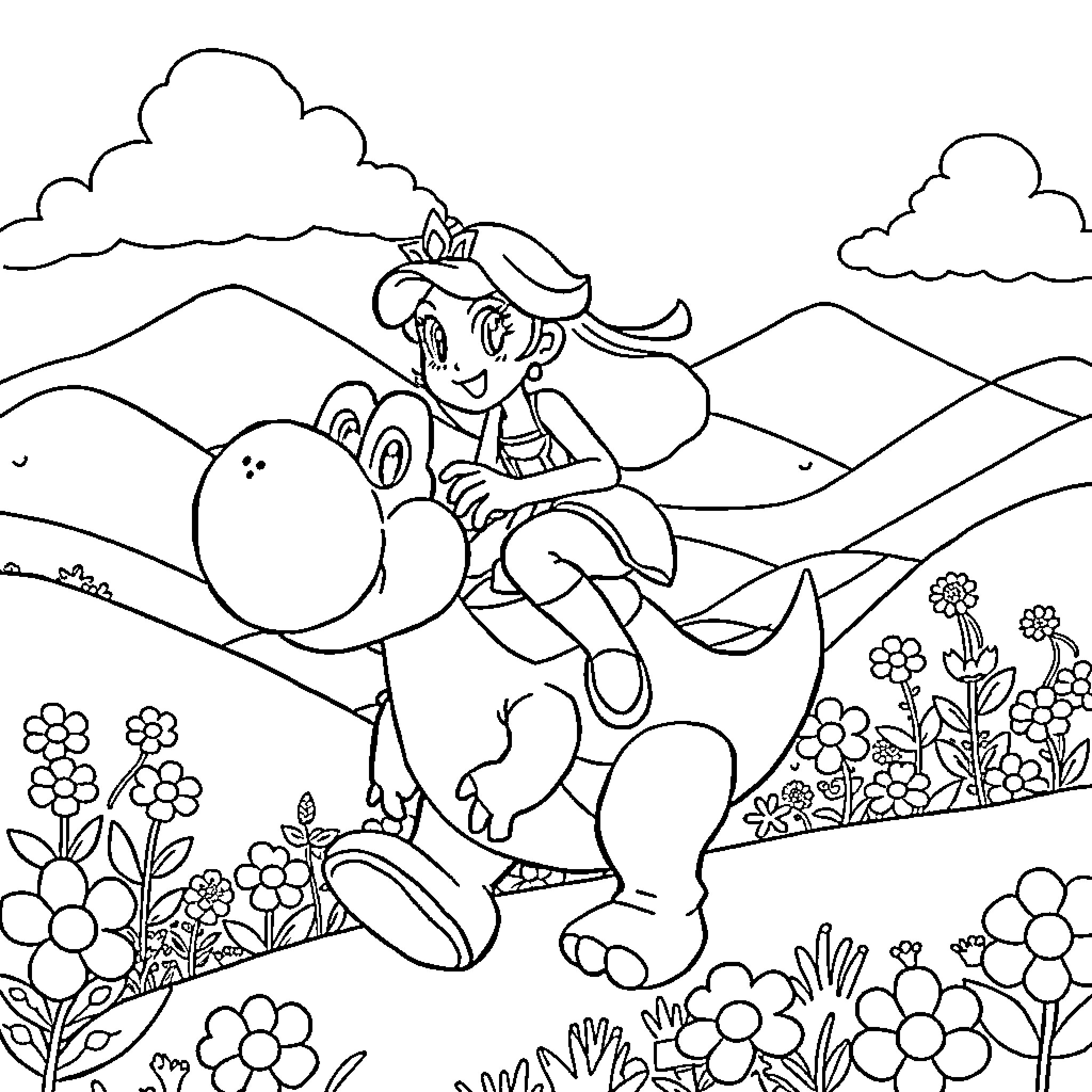 Princess riding a friendly dragon through a flowery meadow Coloring Page (free black-and-white line drawing printable PDF for all, from beginners to advanced learners, including children, teens, adults, and seniors)