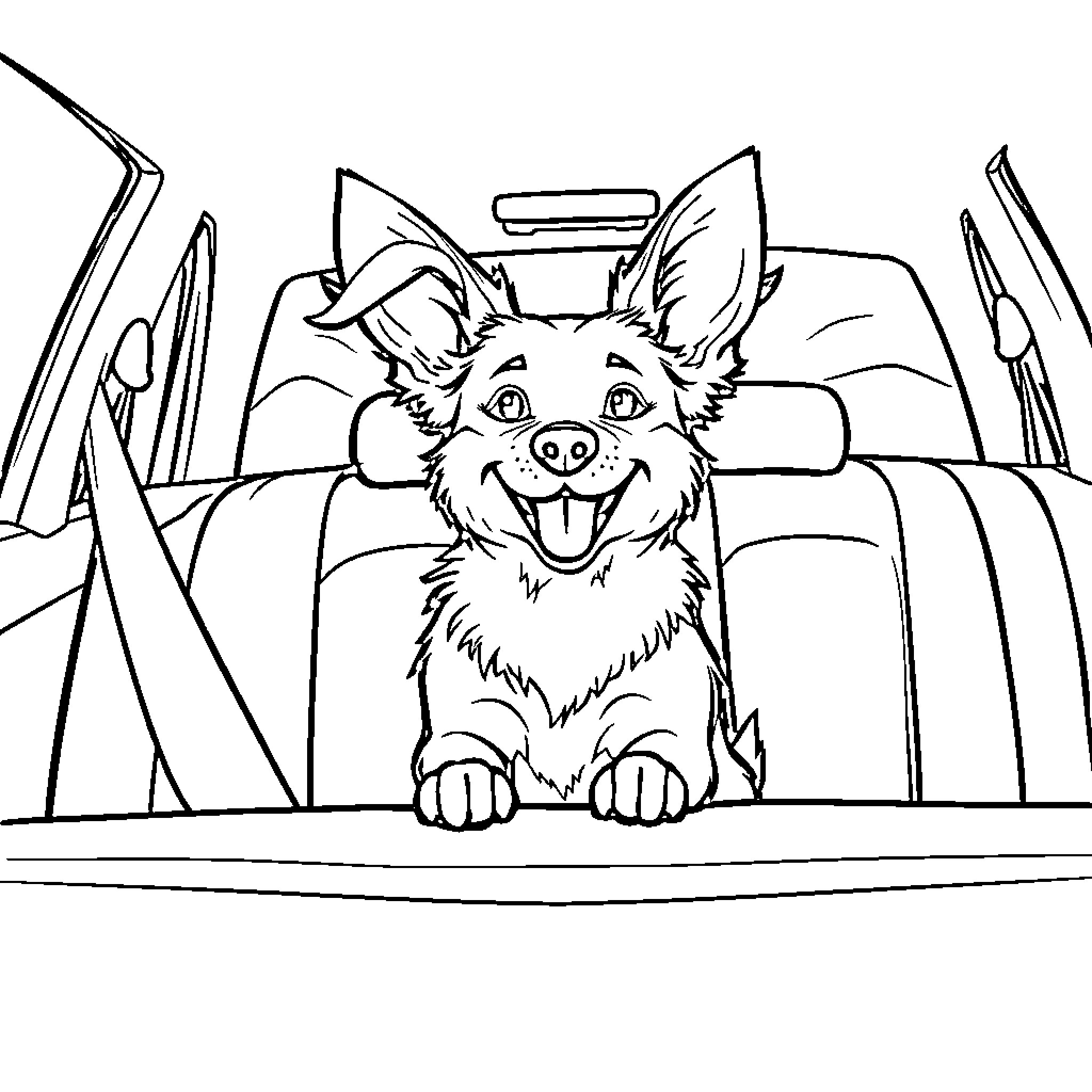 Dog happily riding in the car Coloring Page (free black-and-white line drawing printable PDF for all, from beginners to advanced learners, including children, teens, adults, and seniors)