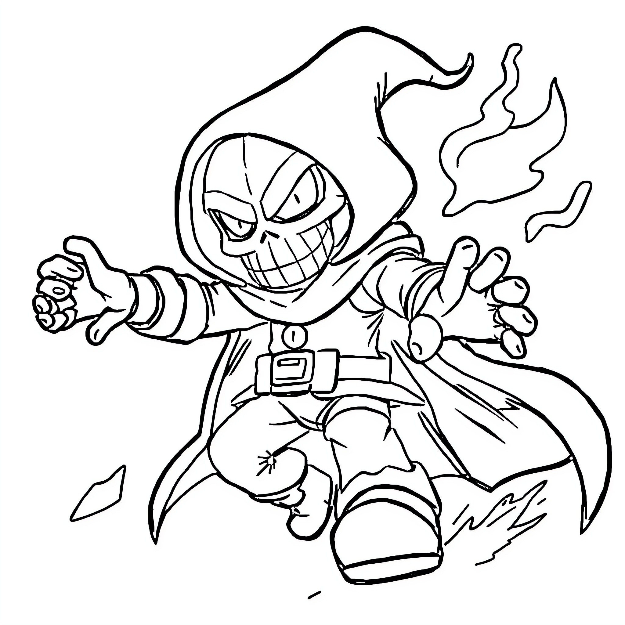 Mortis the Sinister Skeleton's Mischievous Antics Coloring Page (free black-and-white line drawing printable PDF for all, from beginners to advanced learners, including children, teens, adults, and seniors)