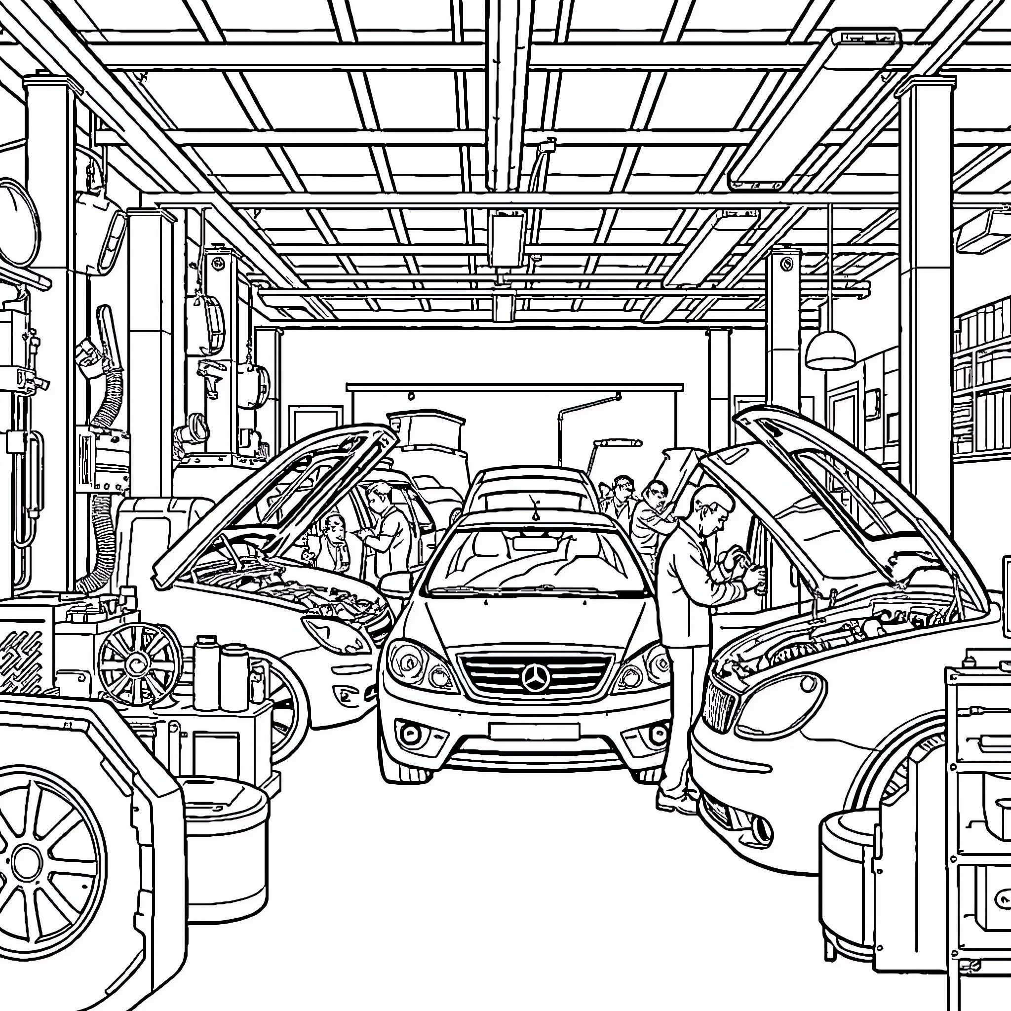 Car Repair Workshop with Mechanics at Work Coloring Page (free black-and-white line drawing printable PDF for all, from beginners to advanced learners, including children, teens, adults, and seniors)