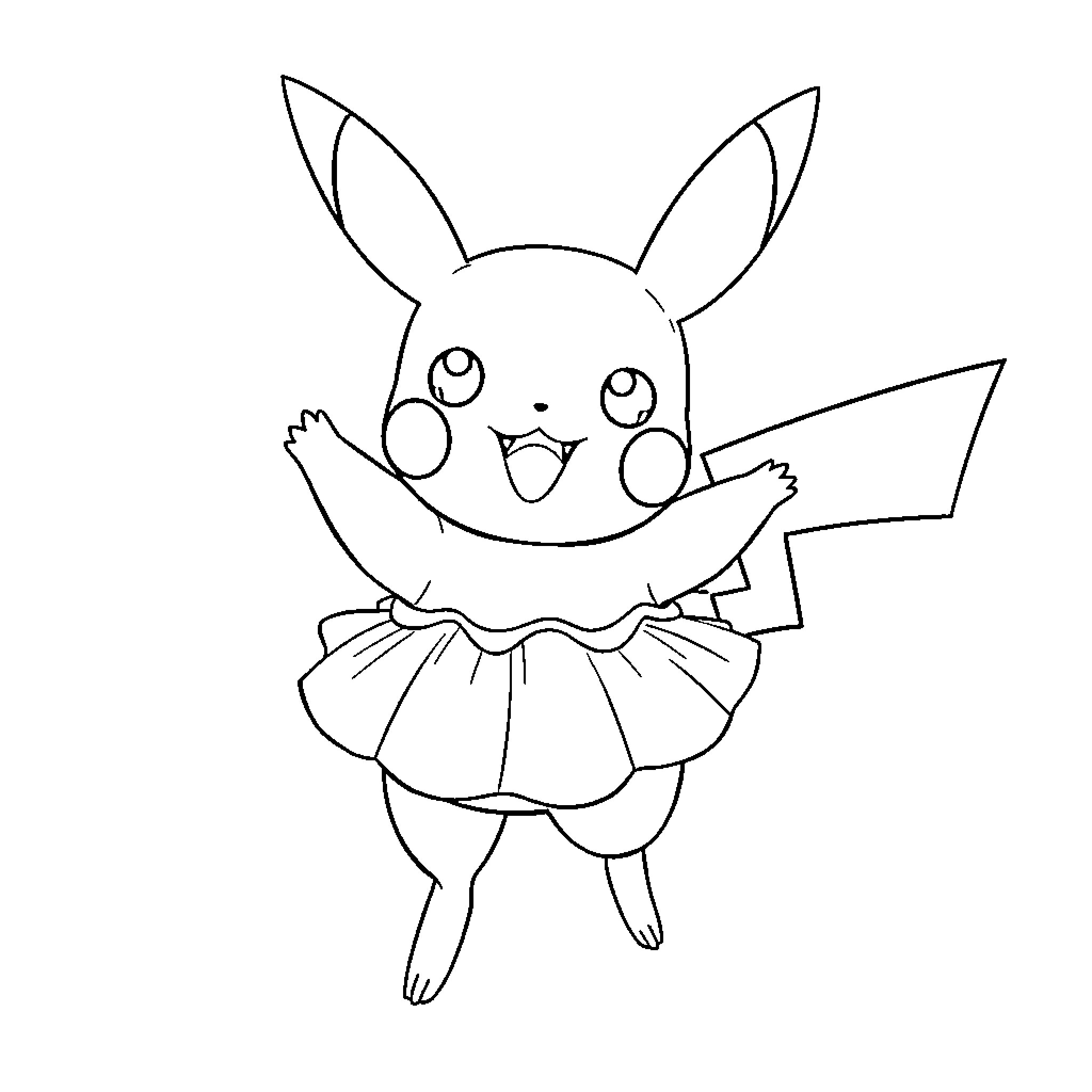 Pikachu in adorable dancing pose Coloring Page (free black-and-white line drawing printable PDF for all, from beginners to advanced learners, including children, teens, adults, and seniors)
