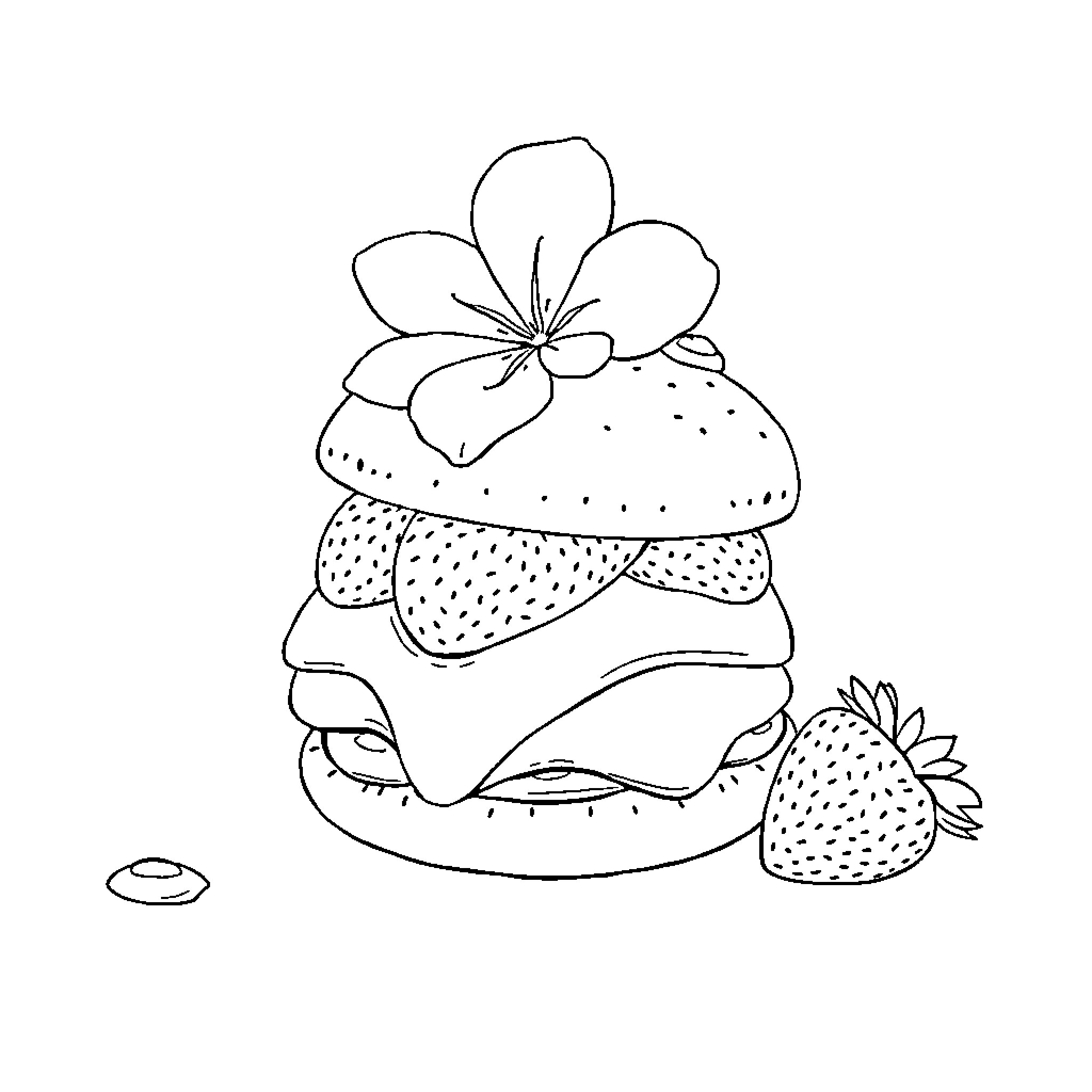 Strawberry Shortcake with Floral Topping Coloring Page (free black-and-white line drawing printable PDF for all, from beginners to advanced learners, including children, teens, adults, and seniors)