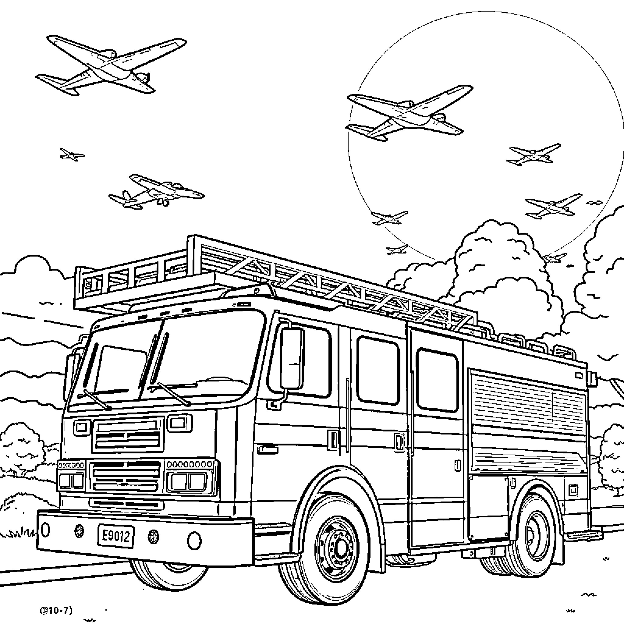 Firetruck racing through the sky with planes Coloring Page (free black-and-white line drawing printable PDF for all, from beginners to advanced learners, including children, teens, adults, and seniors)