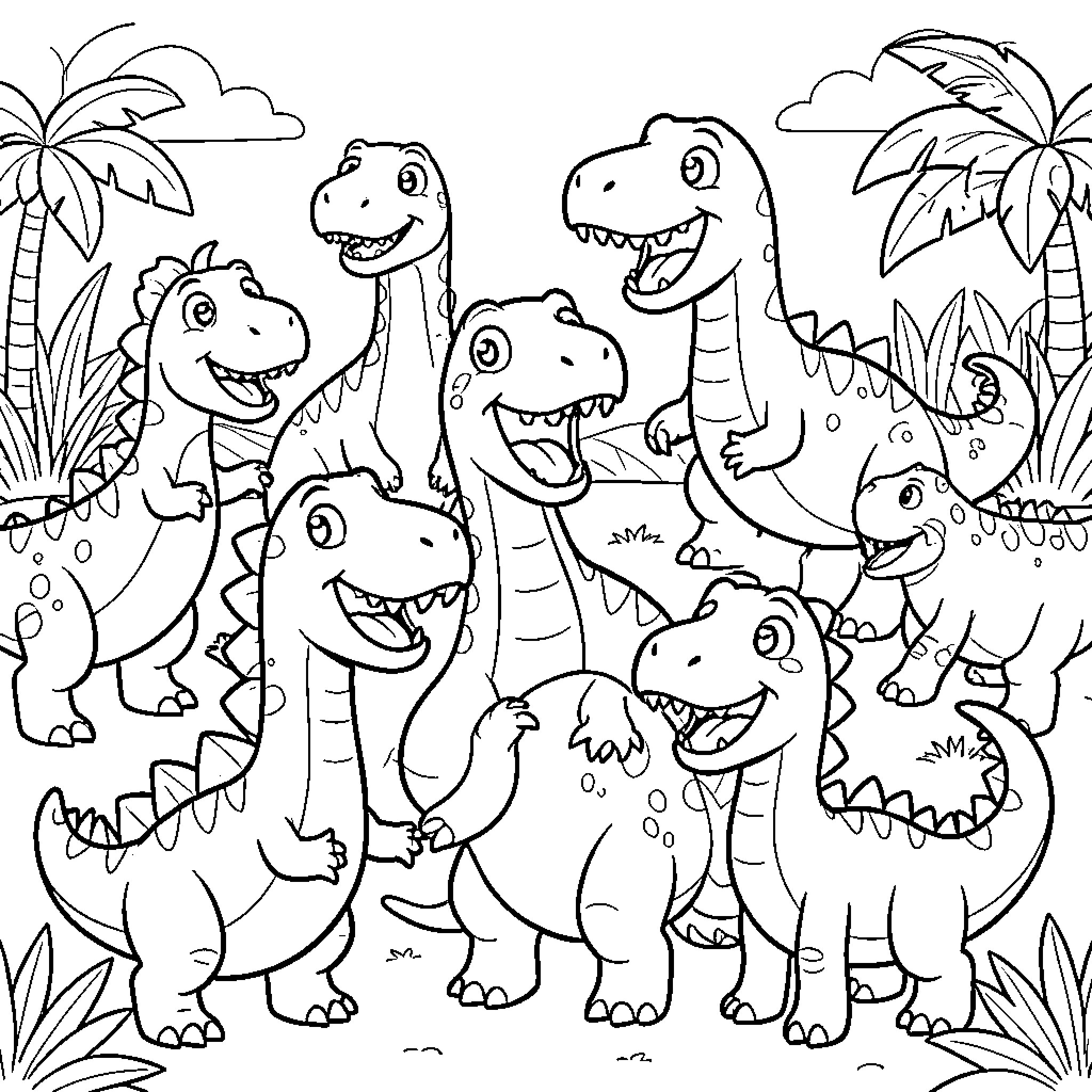 Dinosaur group playing together in a tropical jungle Coloring Page (free black-and-white line drawing printable PDF for all, from beginners to advanced learners, including children, teens, adults, and seniors)