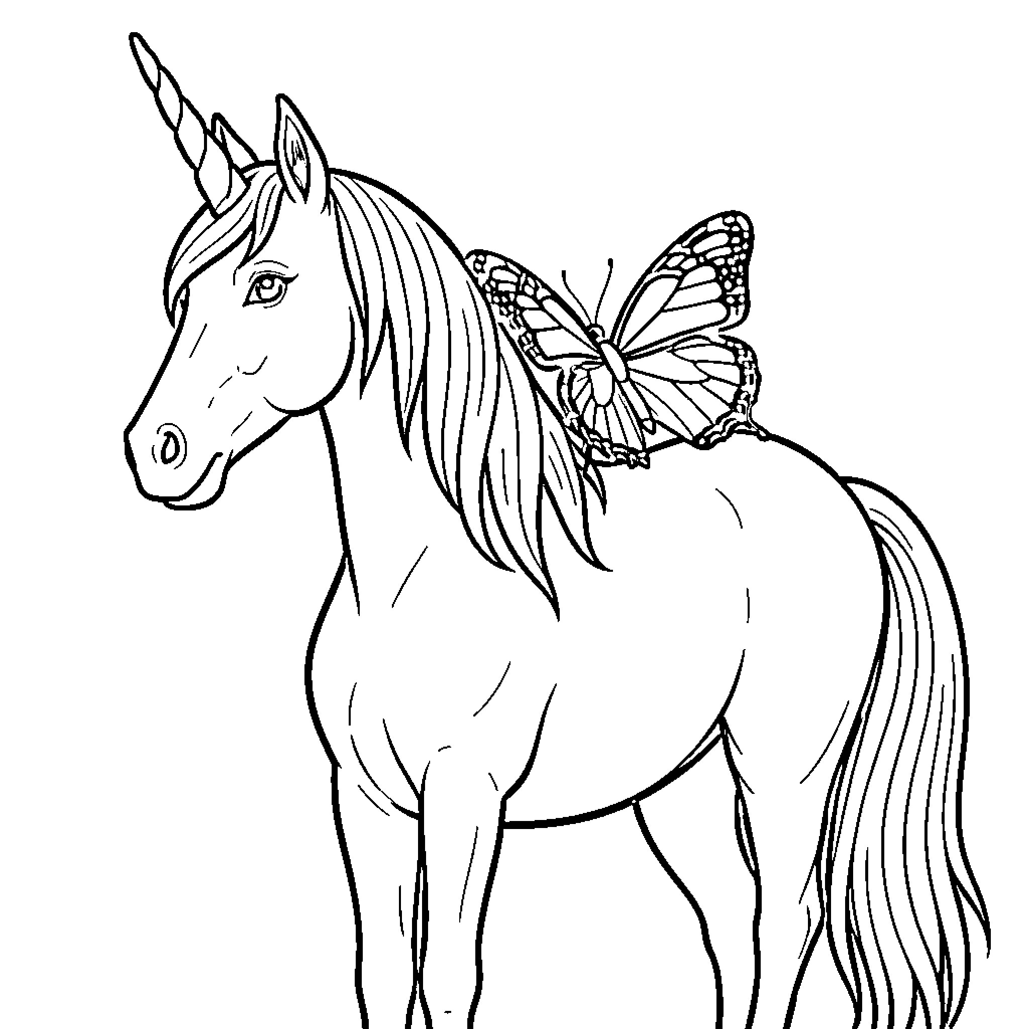 Butterfly resting on the back of a unicorn Coloring Page (free black-and-white line drawing printable PDF for all, from beginners to advanced learners, including children, teens, adults, and seniors)