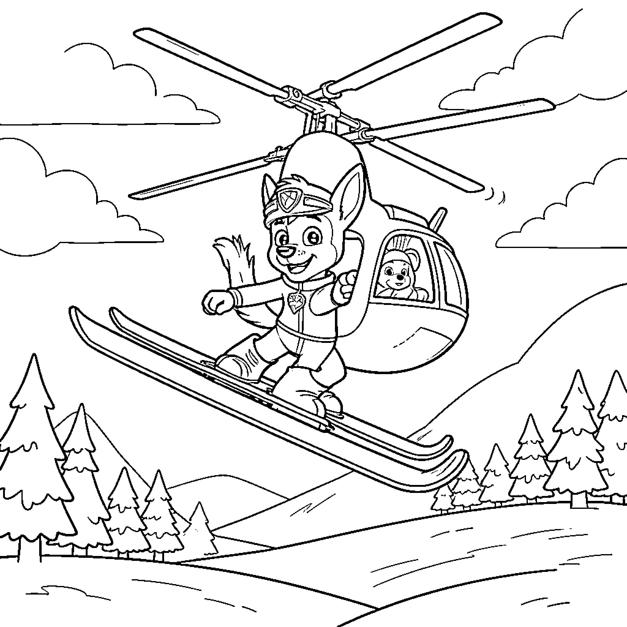 Liberty flying a helicopter while skiing through mountains Coloring Page (free black-and-white line drawing printable PDF for all, from beginners to advanced learners, including children, teens, adults, and seniors)