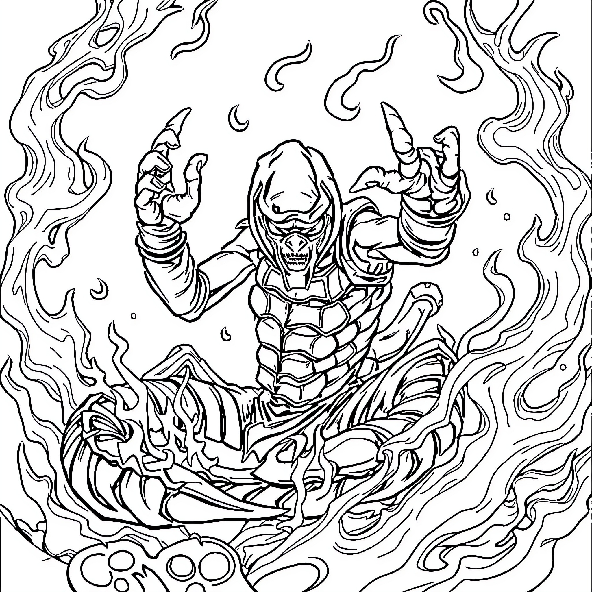 Scorpion demon emerging from fiery abyss Coloring Page (free black-and-white line drawing printable PDF for all, from beginners to advanced learners, including children, teens, adults, and seniors)