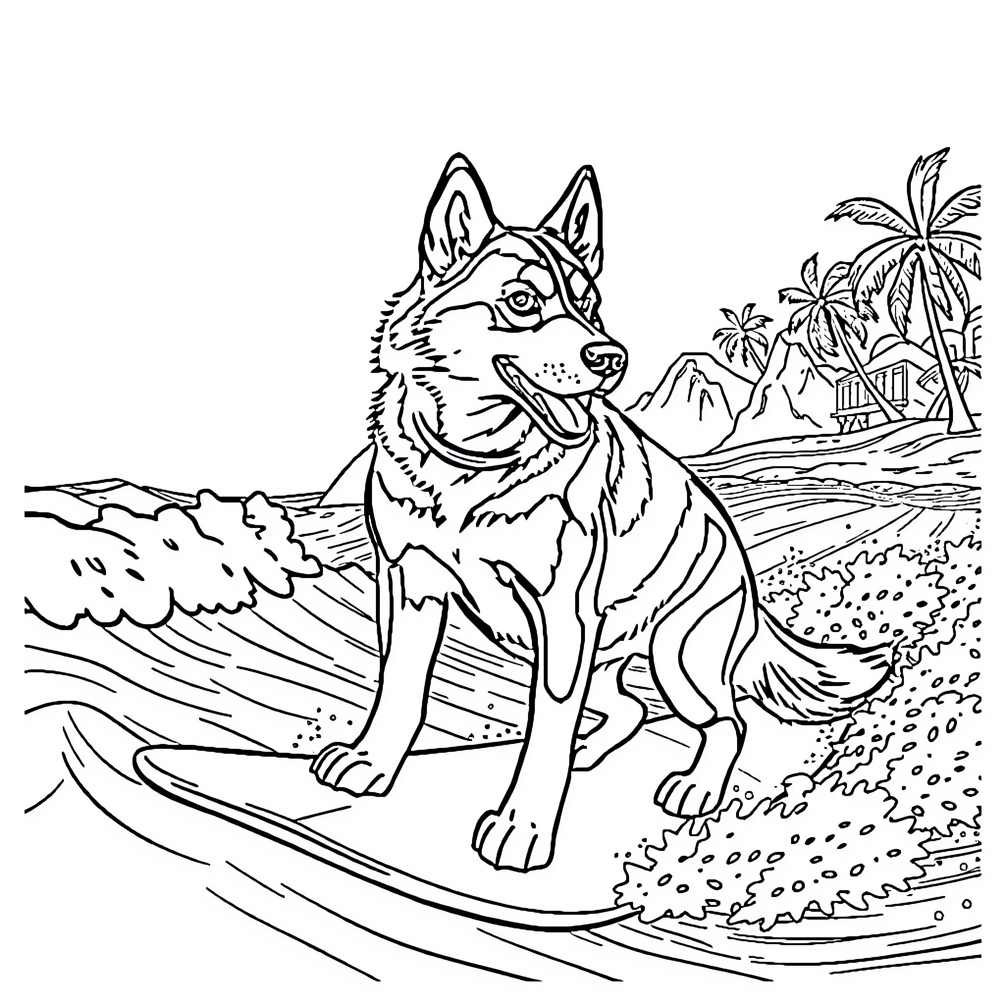 Husky surfing on the beach with palm trees Coloring Page (free black-and-white line drawing printable PDF for all, from beginners to advanced learners, including children, teens, adults, and seniors)