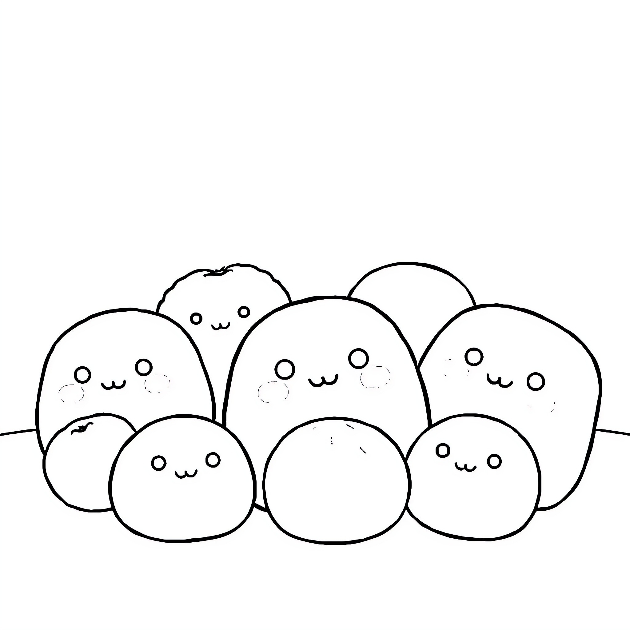 Squishmallow characters gathered in a group Coloring Page (free black-and-white line drawing printable PDF for all, from beginners to advanced learners, including children, teens, adults, and seniors)