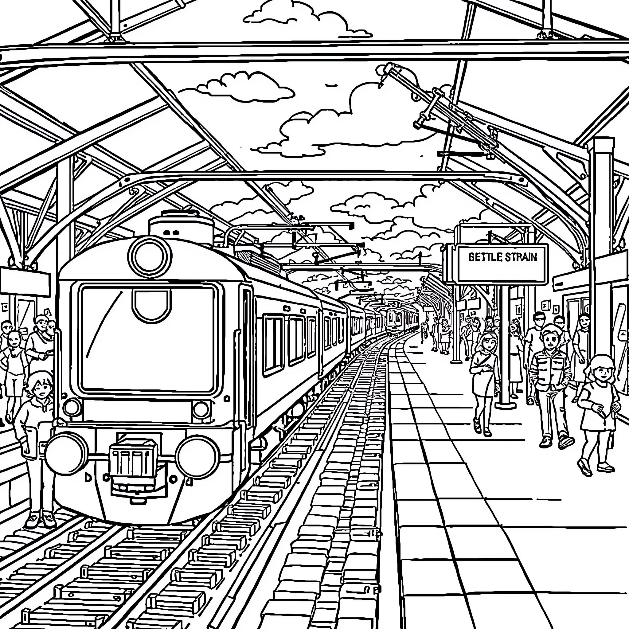 Train station bustling with passengers and trains Coloring Page (free black-and-white line drawing printable PDF for all, from beginners to advanced learners, including children, teens, adults, and seniors)