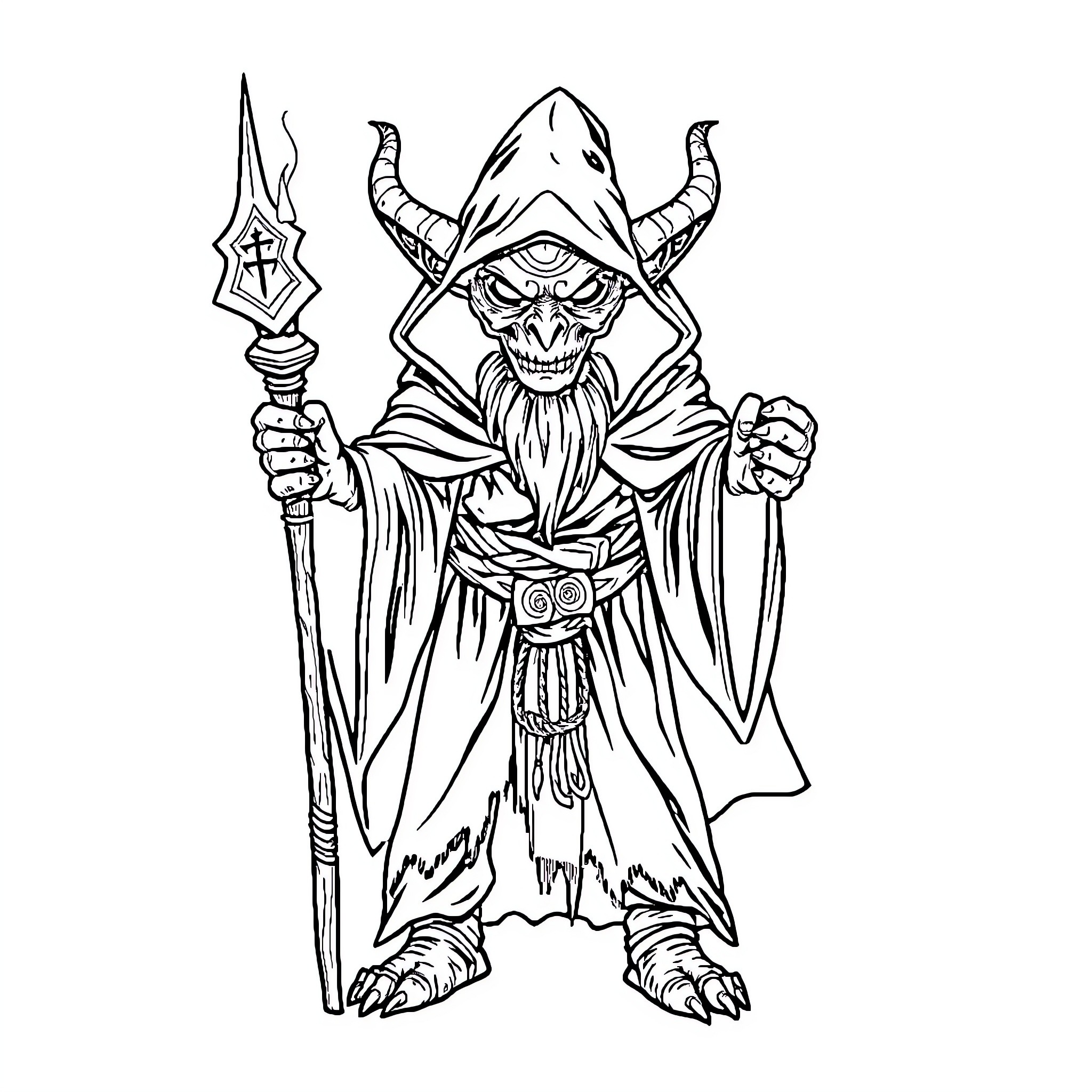 Goblin Sorcerer Wielding Magical Staff Coloring Page (free black-and-white line drawing printable PDF for all, from beginners to advanced learners, including children, teens, adults, and seniors)