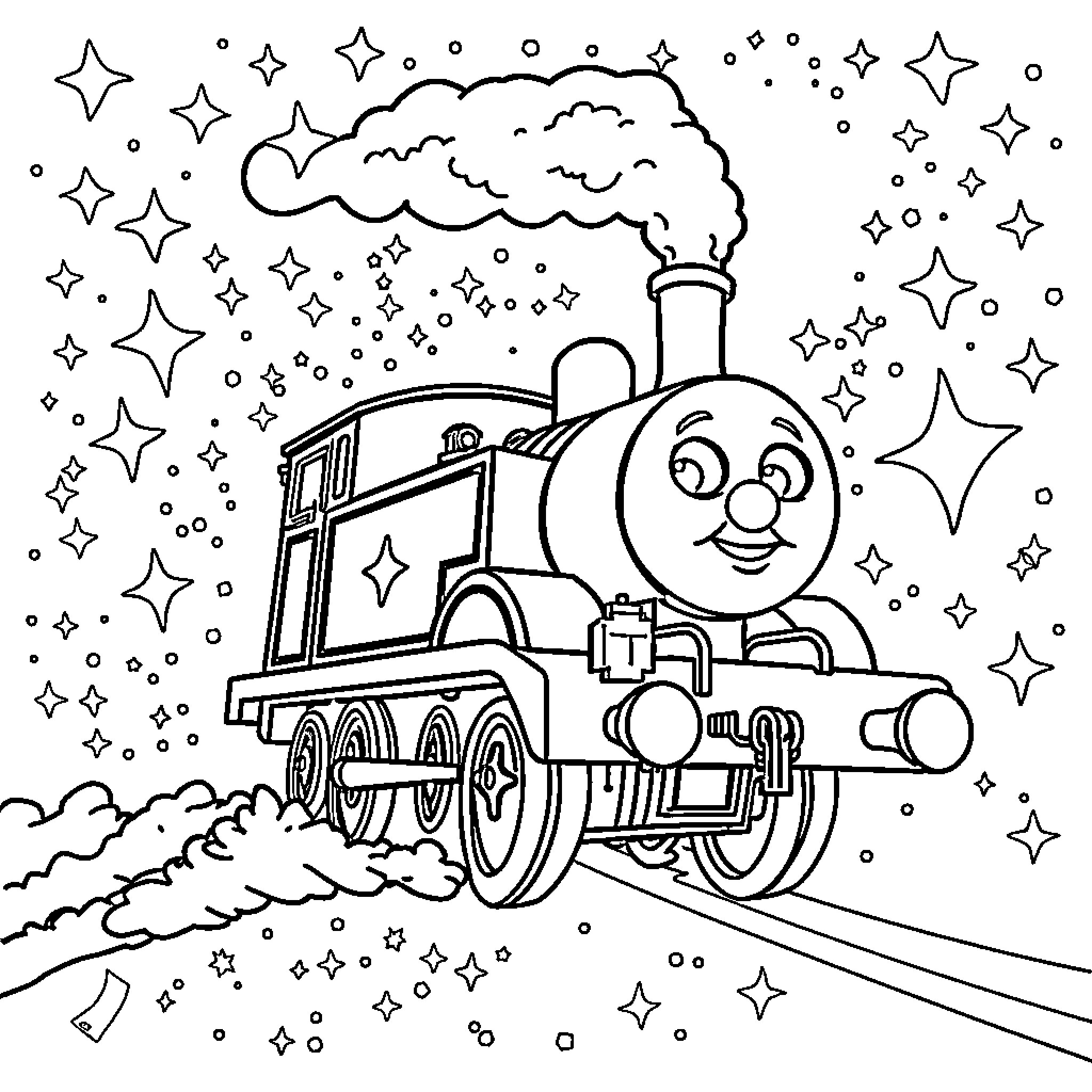 Thomas Train enjoying a magical starry night Coloring Page (free black-and-white line drawing printable PDF for all, from beginners to advanced learners, including children, teens, adults, and seniors)