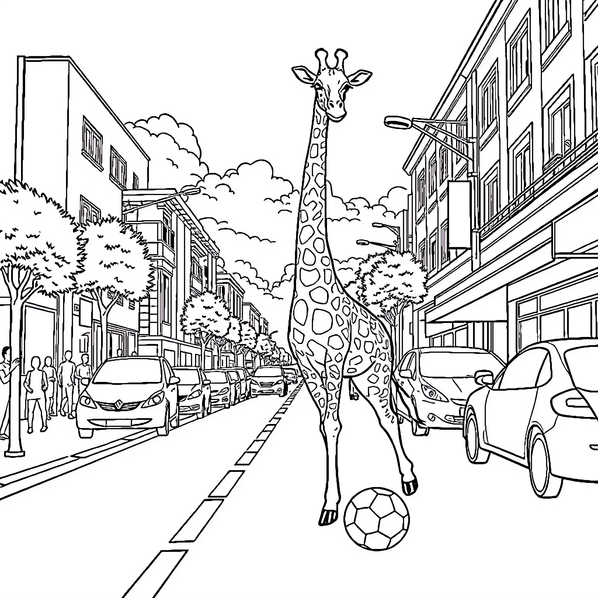 Giraffe strolling on a busy city street Coloring Page (free black-and-white line drawing printable PDF for all, from beginners to advanced learners, including children, teens, adults, and seniors)