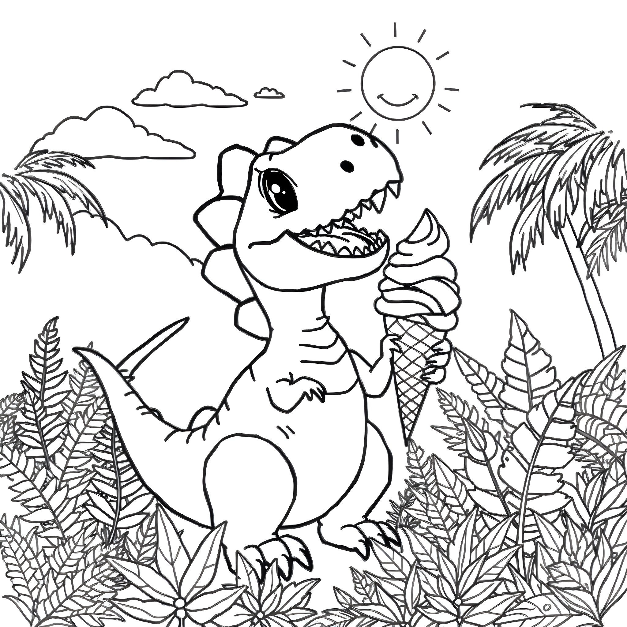 Dinosaur enjoying ice cream in tropical paradise Coloring Page (free black-and-white line drawing printable PDF for all, from beginners to advanced learners, including children, teens, adults, and seniors)